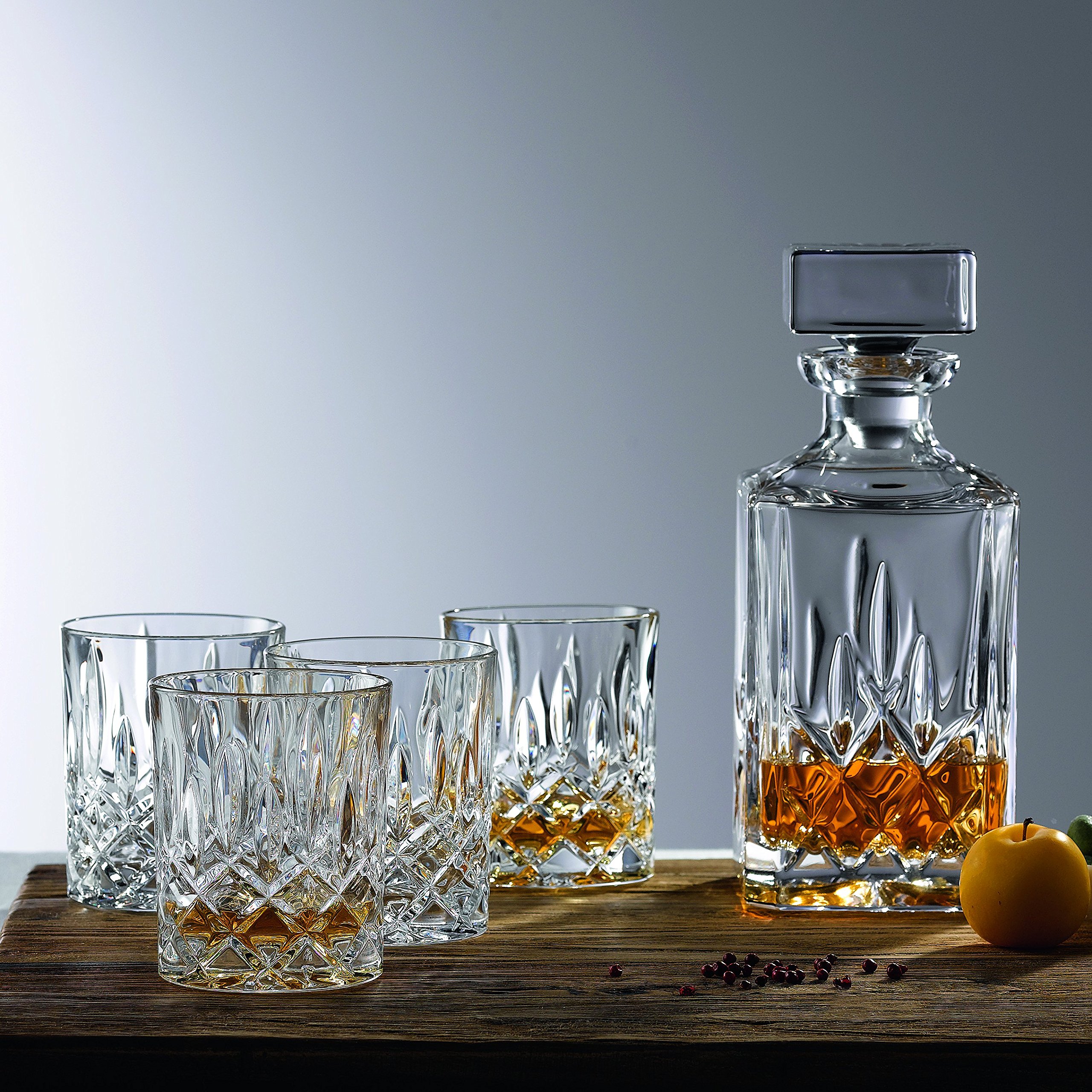 Royal Doulton 4-Piece Crystal Clear Spirit Decanter Set - Elegant Square Glass Decanters for Whiskey, Brandy & Liquor - Perfect for Home Bars, Gifts & Entertaining