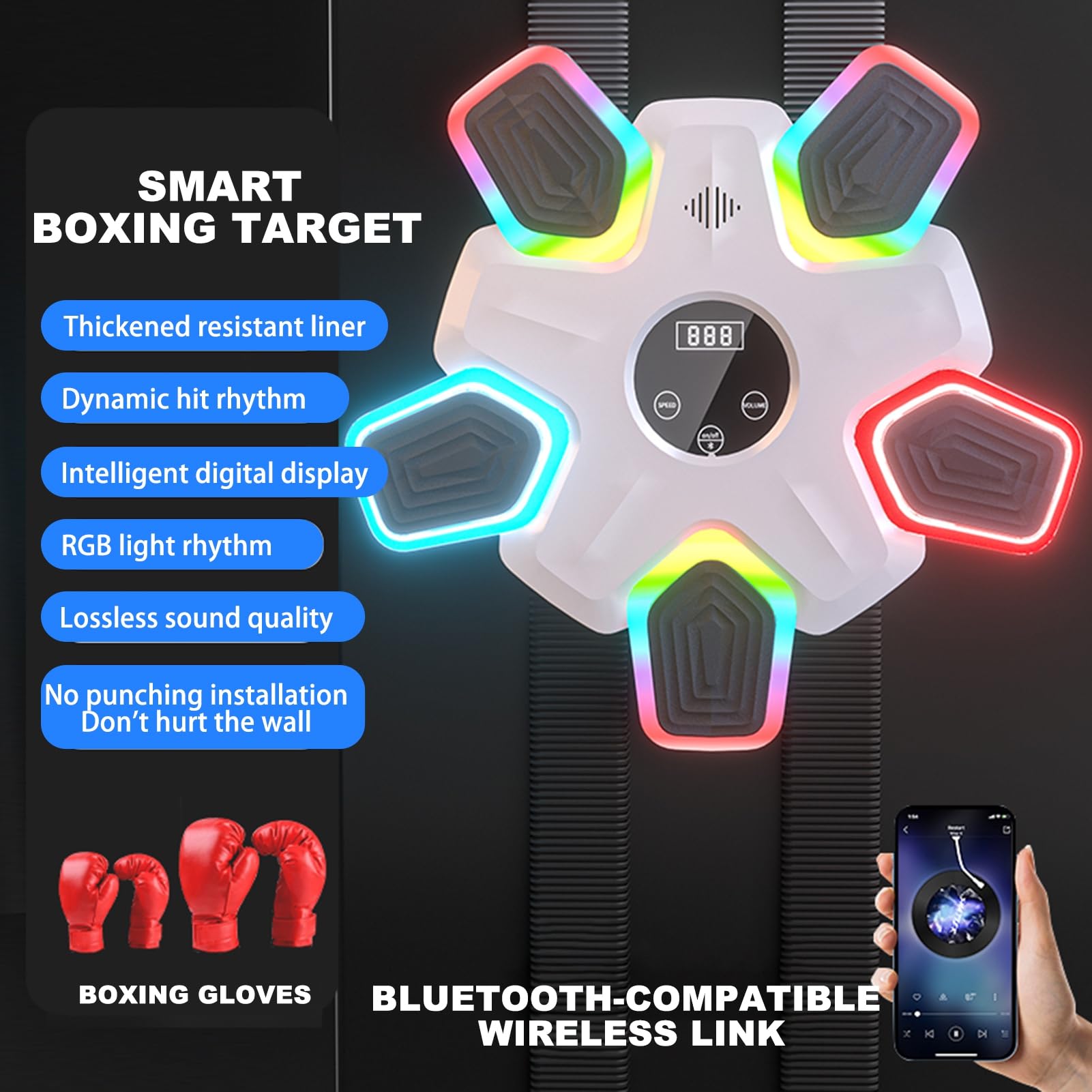 Bluetooth Smart Boxing Trainer with LED Display & Boxing Gloves - Music Boxing Machine for Kids & Adults - Wall Mount Punching Target for Home, Office & Gym Workouts - Perfect for Fitness Training, Stress Relief & Interactive Exercise