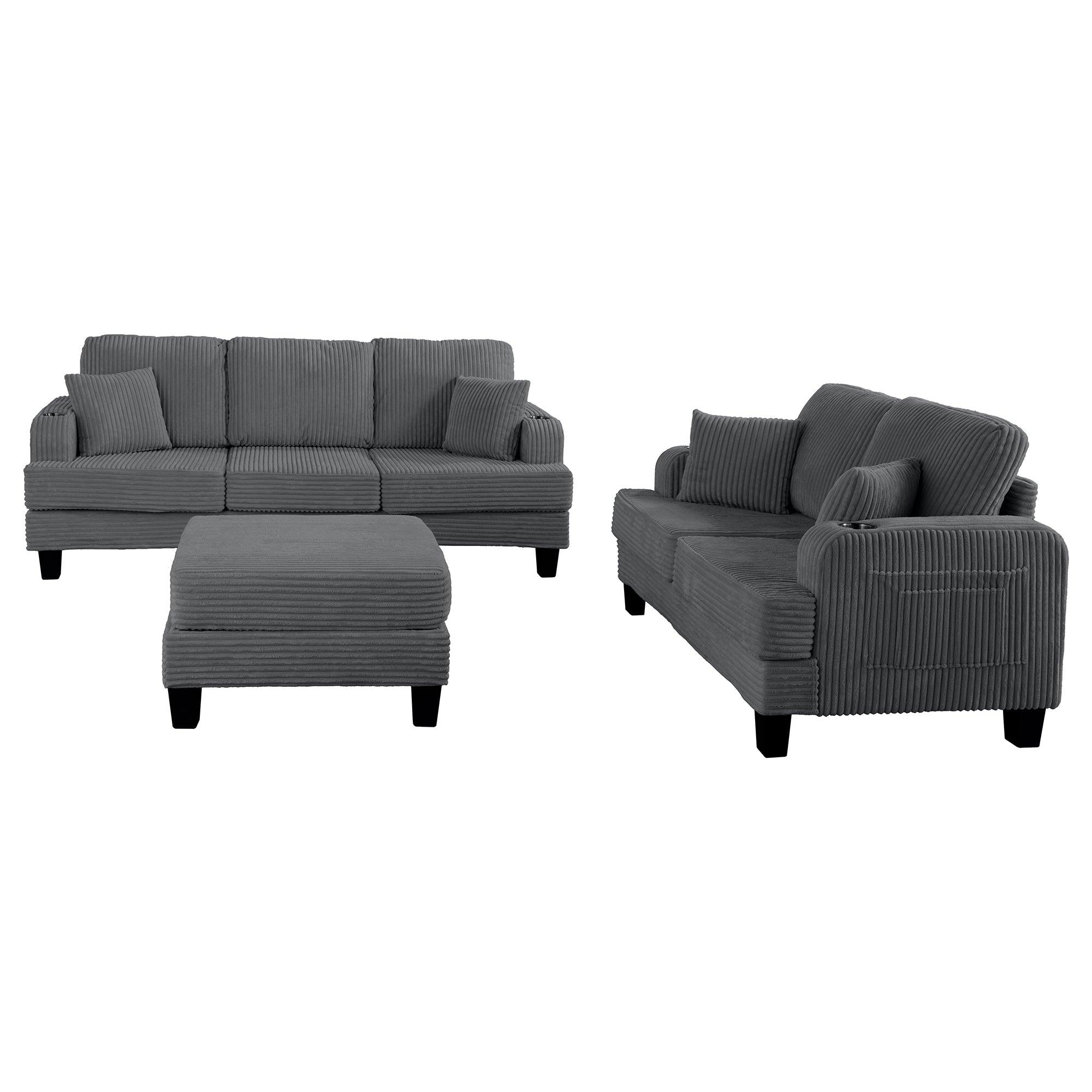 Dark Gray 3-Piece Sectional Sofa Set with Storage Ottoman - 3-Seater Couch & Loveseat with USB Charging Ports, Side Pockets & Throw Pillows - Modern Living Room Furniture for Small Spaces & Apartments - Perfect for Family Gatherings, Movie Nights & Home Office Lounging