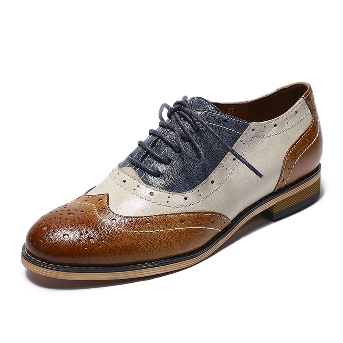 Vintage Wingtip Brogue Oxford Shoes for Women - Genuine Leather Perforated Lace-up Flats | Classic Retro Style for Office, Dating & Casual Wear