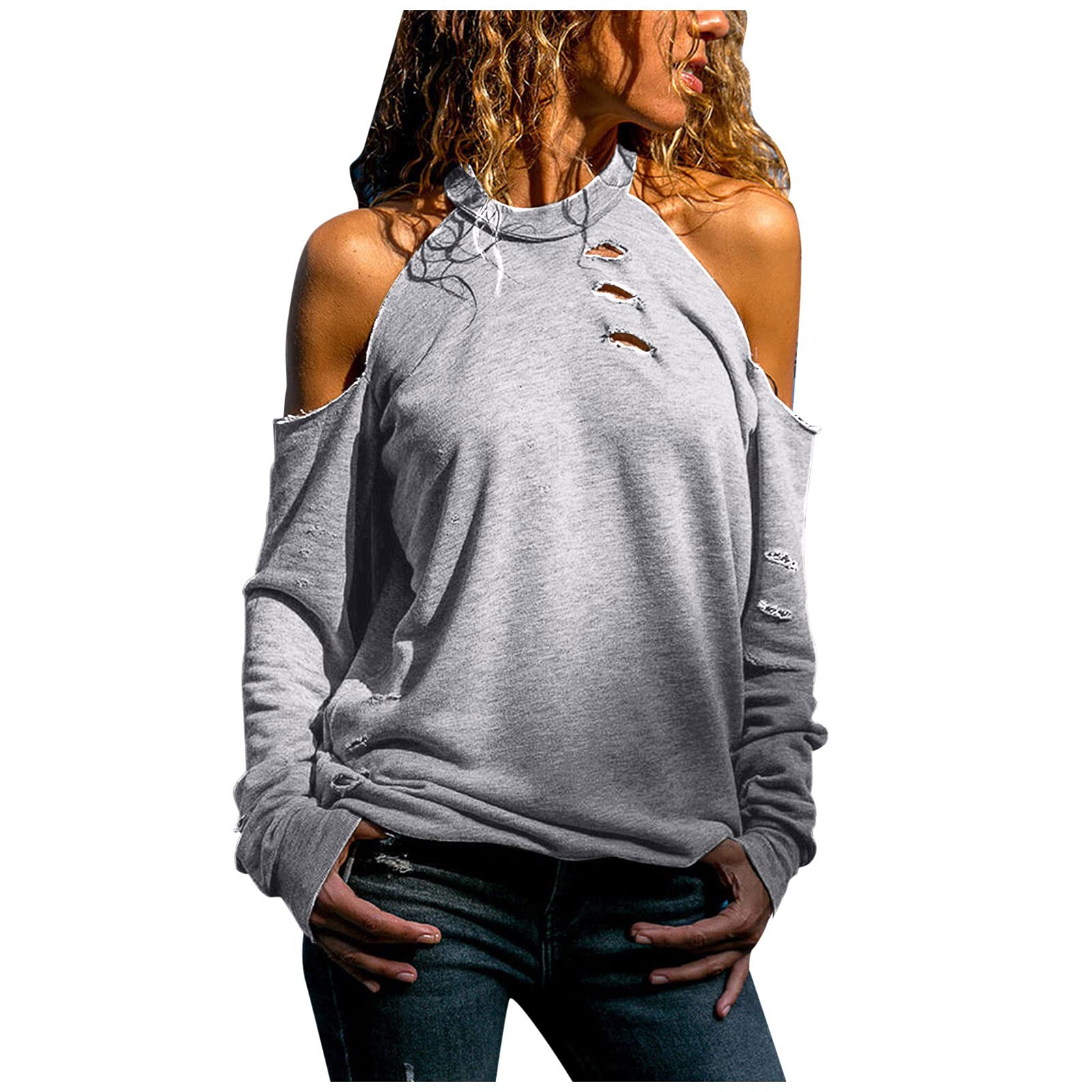 Plus Size Women's Casual Loose Hollowed Out Halter Neck Long Sleeve Shirt - Comfortable & Stylish Tee for Everyday Wear, Office, or Date Night