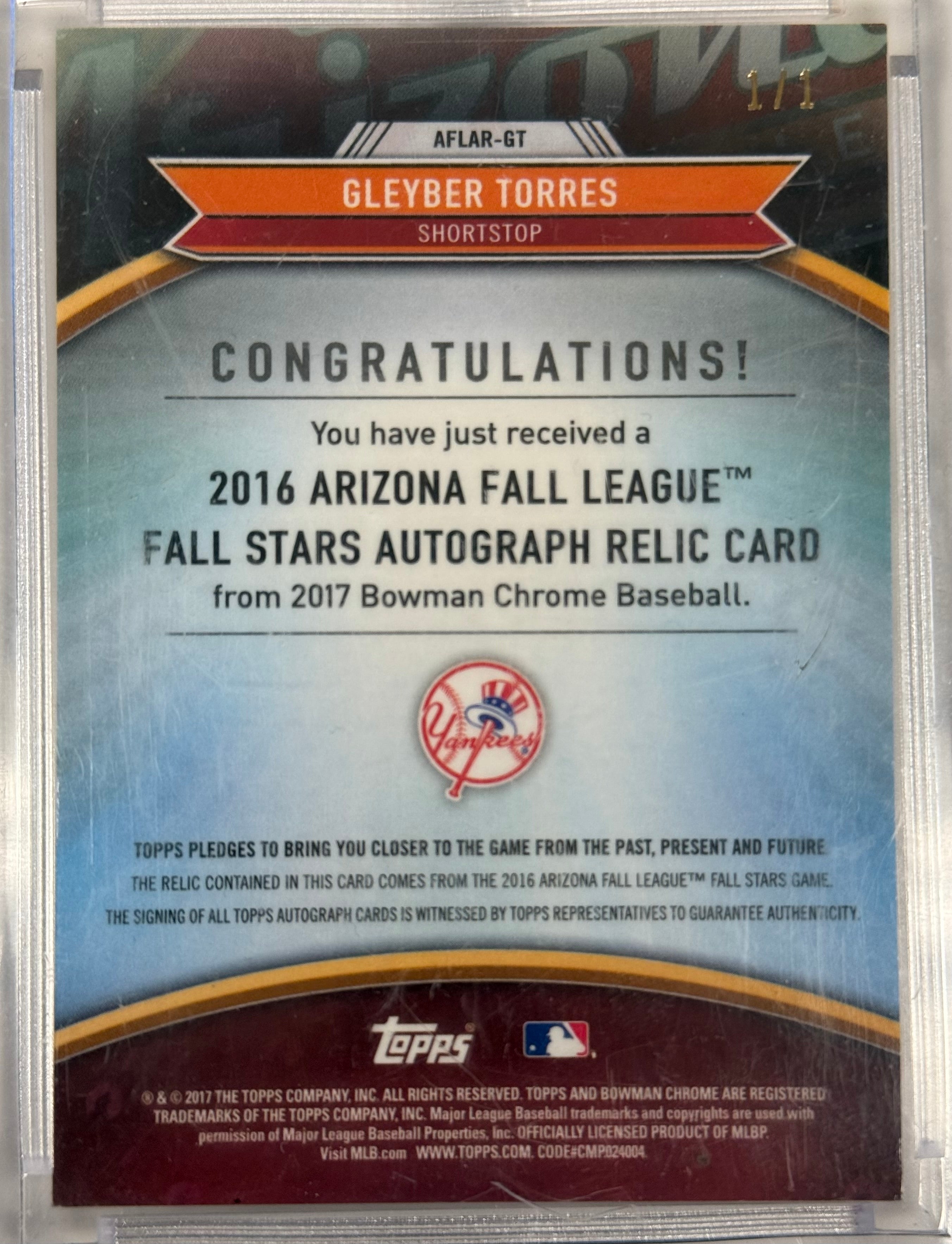 2016 Arizona Fall League Gleyber Torres Patch Auto 1/1 #AFLAR GT - Rare Baseball Card for Collectors & Sports Memorabilia Enthusiasts - Perfect for Display, Investment & Trading