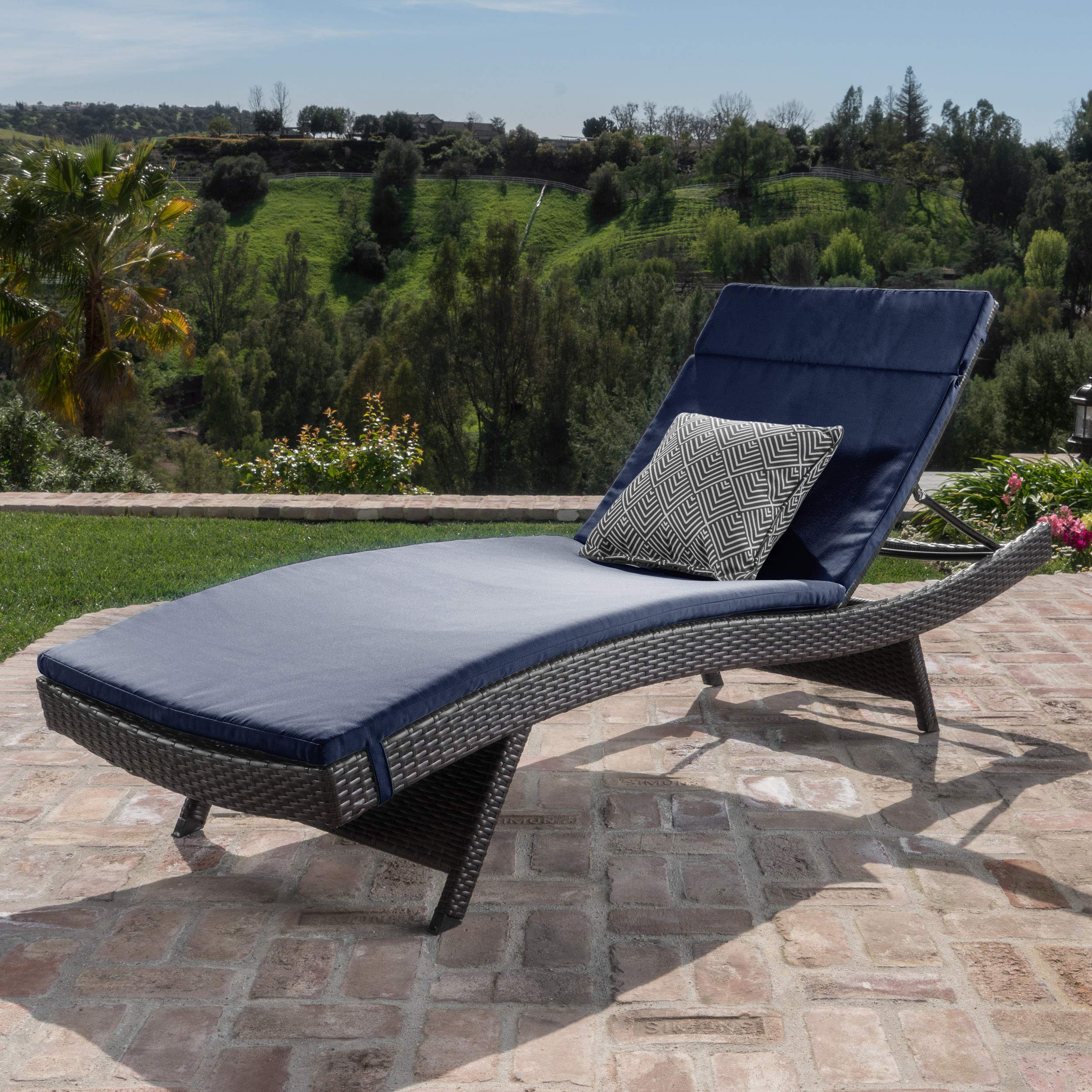 Christopher Knight Home Lakeport Outdoor Wicker Adjustable Chaise Lounge - Brown/Navy - Patio, Poolside & Garden Relaxation Chair for Backyard & Deck