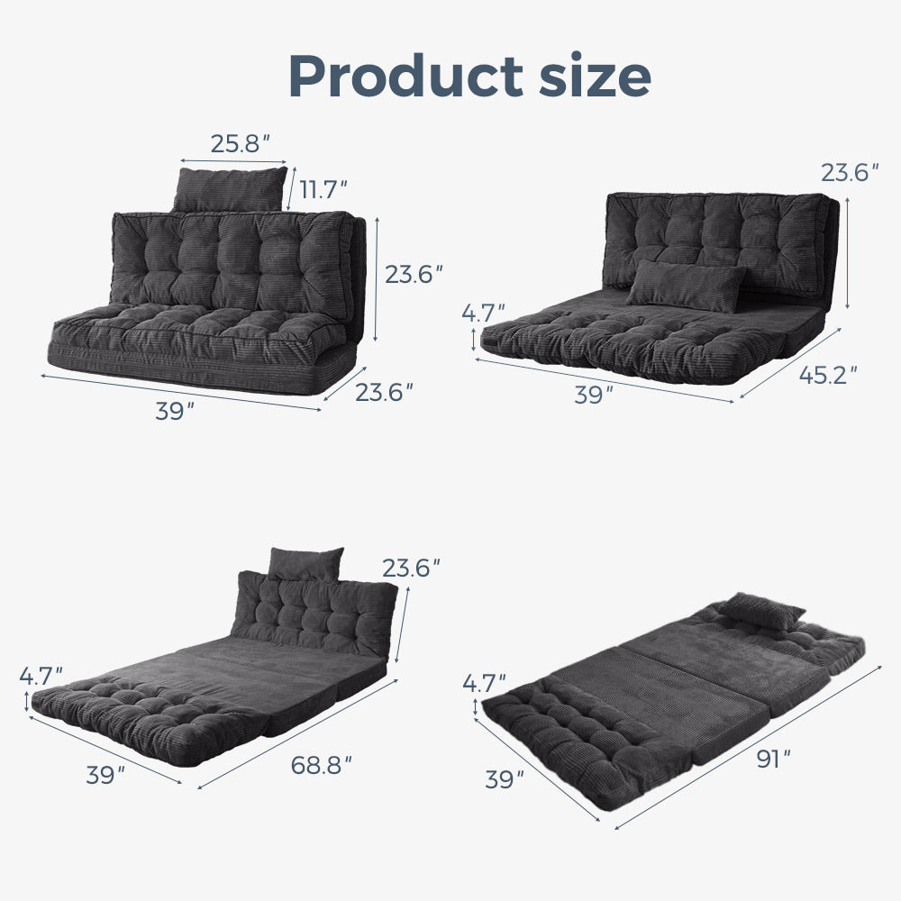 MAXYOYO Tufted Bean Bag Sofa Bed with Pillows - Foldable Floor Couch for Living Room, Bedroom & Dorm - Dark Grey - Perfect for Lounging, Gaming & Relaxation