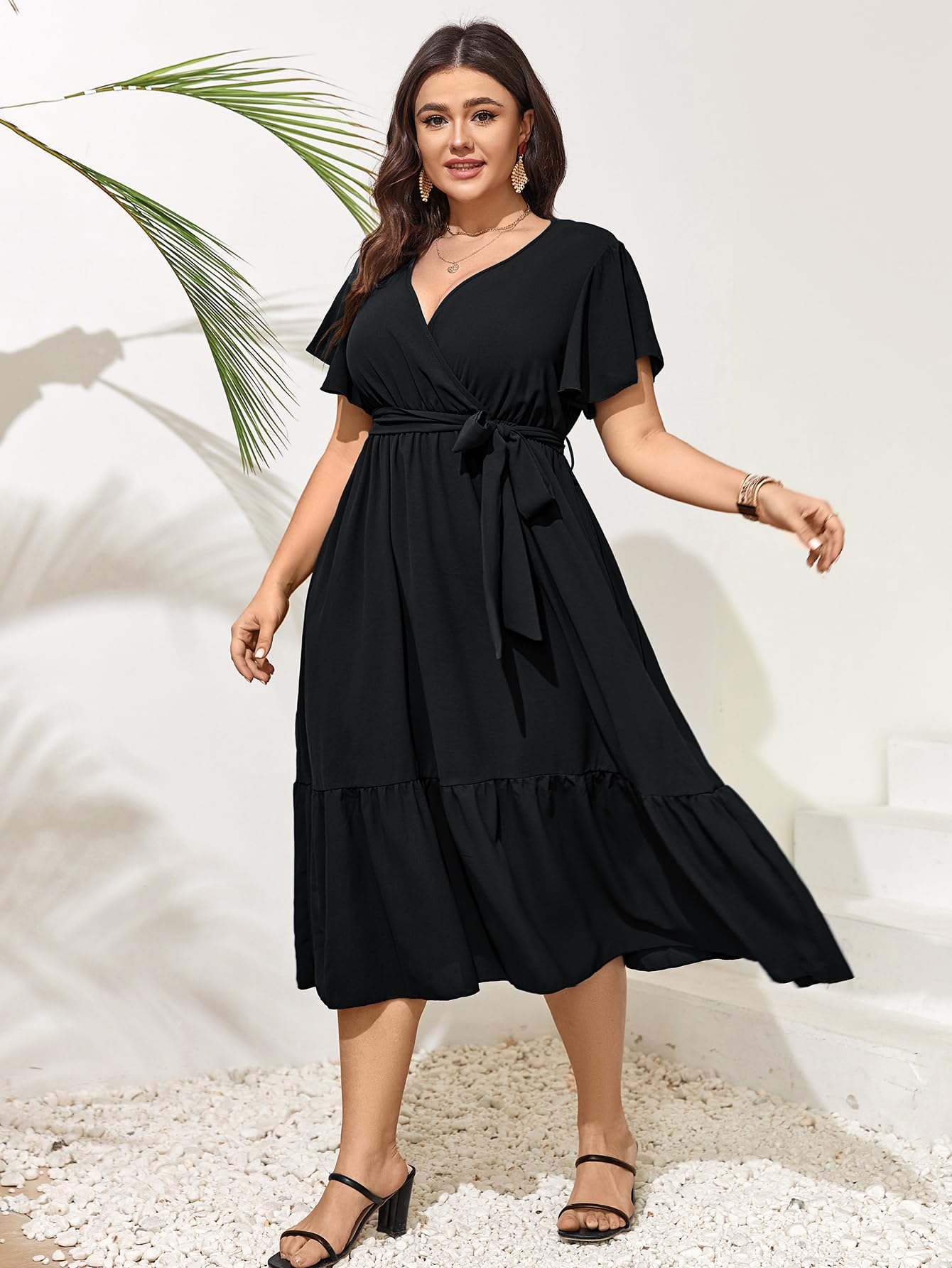Elegant SCOMCHIC Plus Size Wedding Guest Dress - Summer Wrap V-Neck Short Sleeve with Belt & Ruffle Hem A-Line Flowy Maxi Dress for Women | Perfect for Weddings, Parties & Special Occasions