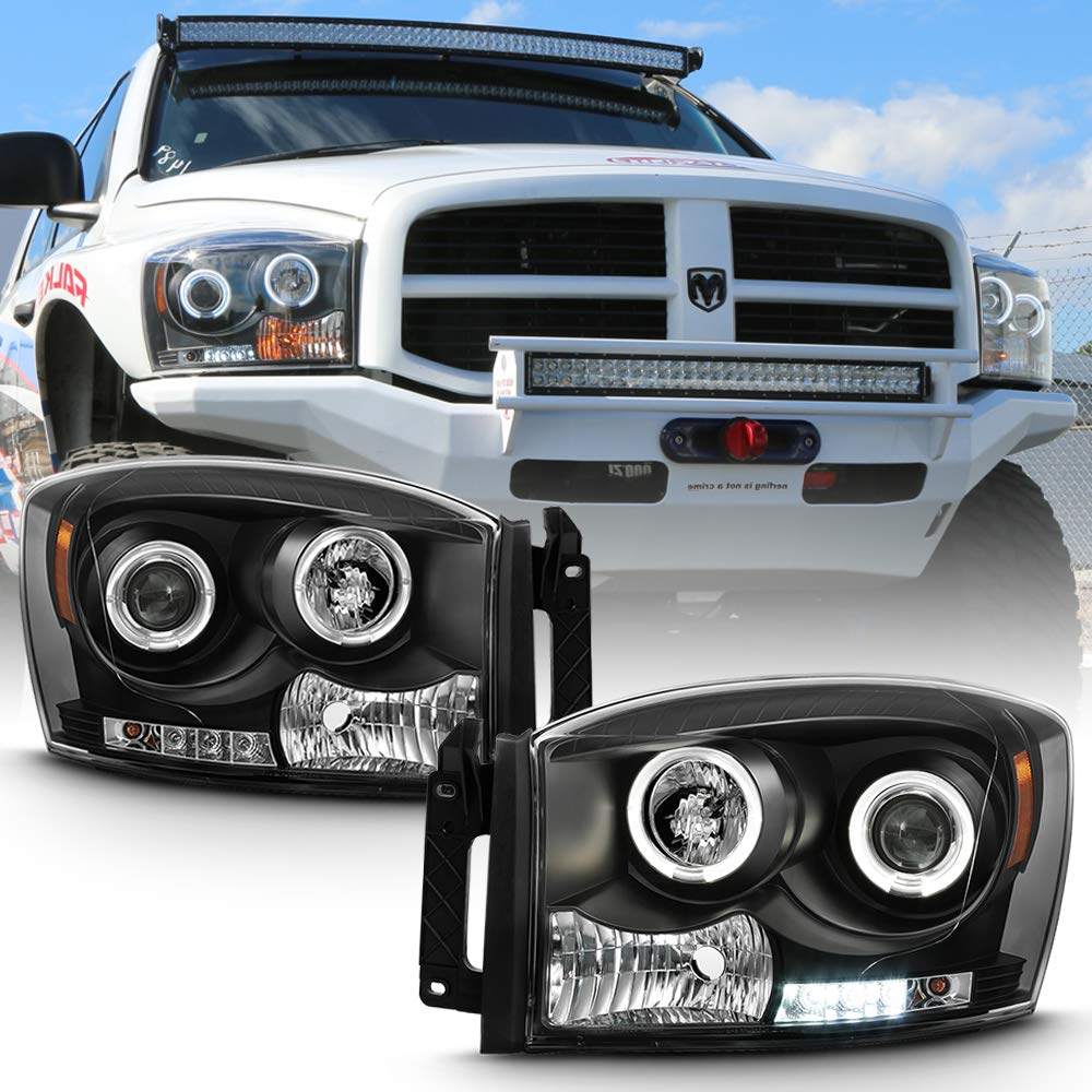 ACANII LED Projector Headlights with Halo Rings for 2006-2008 Dodge Ram 1500/2500/3500 - Black Housing Headlamp Assembly - Upgrade Your Truck Lighting for Night Driving & Off-Road Adventures