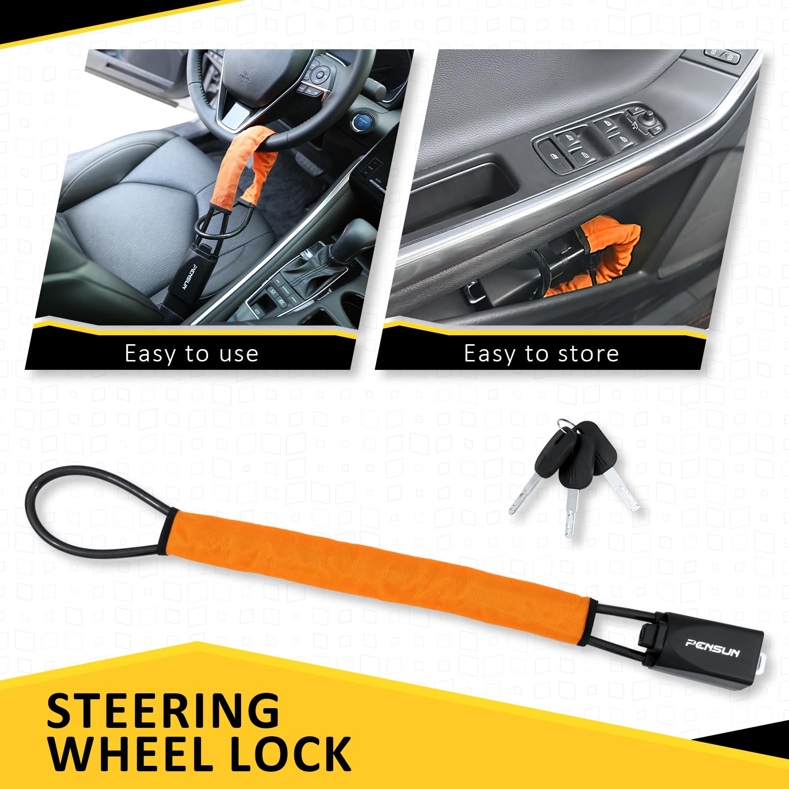 PENSUN Universal Steering Wheel Lock - Anti-Theft Car Security Device with 3 Keys for Most Vehicles (Truck, SUV, Van, Golf Car) - Orange | Secure Parking & Theft Protection for Urban Driving & Overnight Storage