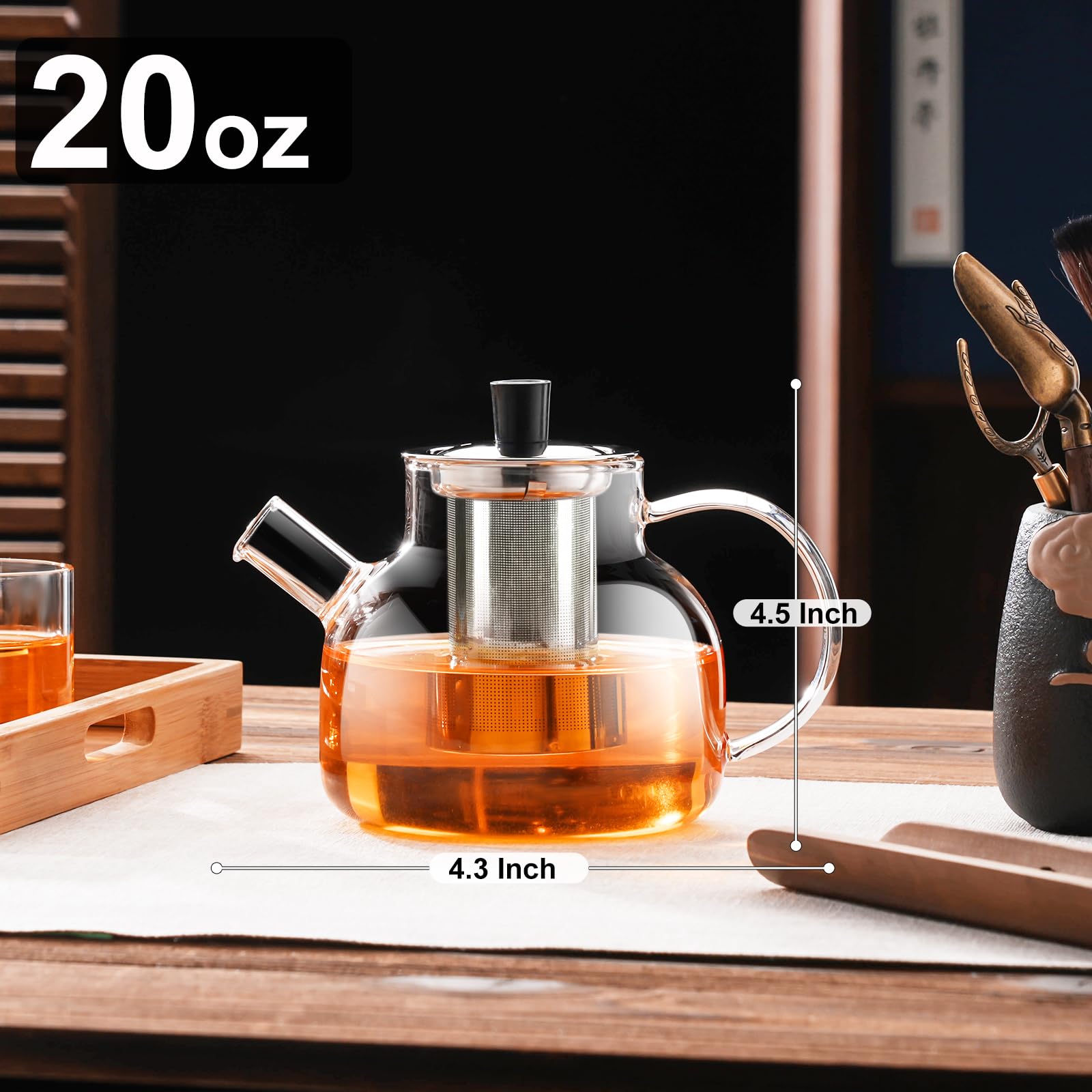 Premium Borosilicate Glass Teapot with Removable Stainless Steel Infuser - 20oz/600ml Stovetop Safe Tea Kettle for Blooming & Loose Leaf Tea - Perfect Gift for Tea Lovers - Ideal for Home, Office & Tea Ceremonies