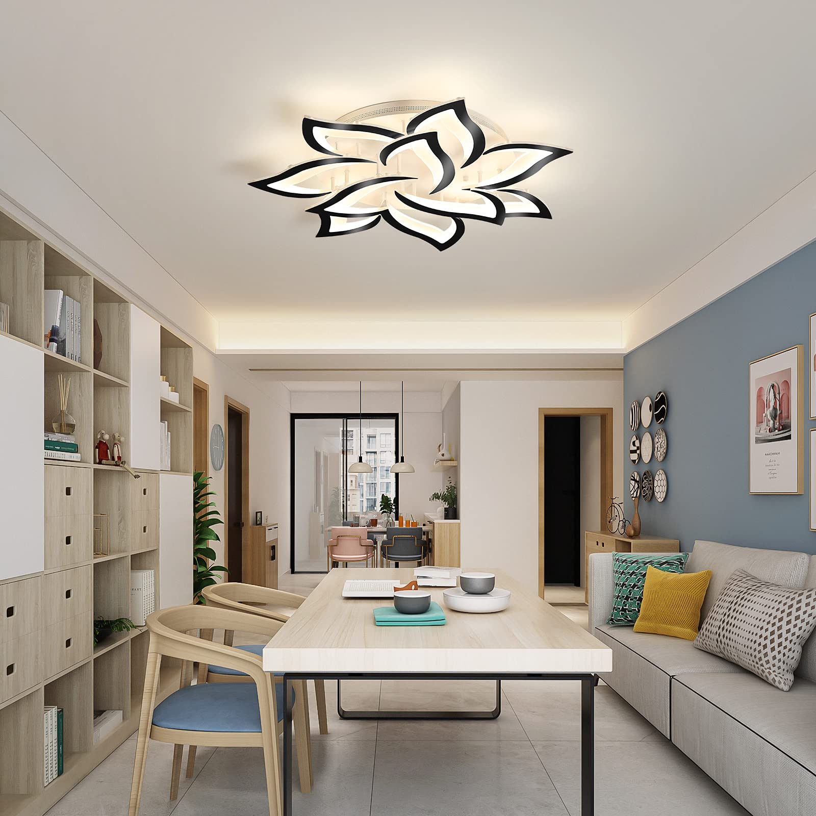Modern LED Ceiling Light Fixture - Dimmable Flush Mount Flower Chandelier with Black Petals, 72W Energy Saving Lighting for Bedroom, Living Room & Dining Room | Elegant Home Decor & Ambient Lighting Solution