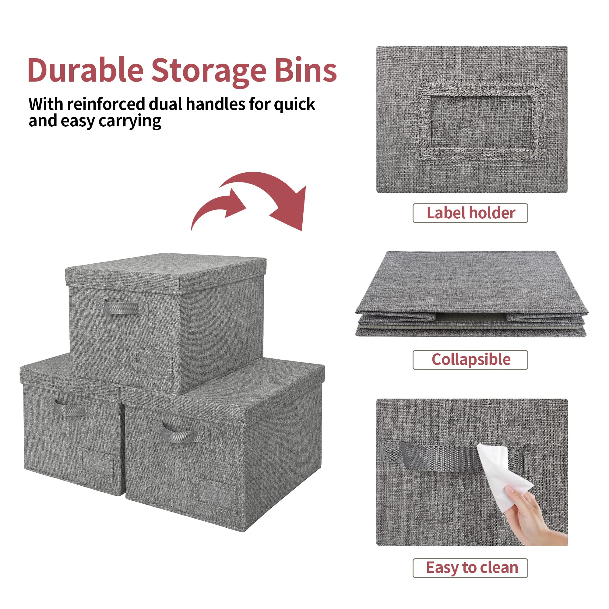 GRANNY SAYS Storage Bins with Lids - 3-Pack Dark Gray Closet Organizers & Shelving Baskets for Bedroom, Bathroom & Linen Closet Organization - Space Saving Storage Containers for Home & Office