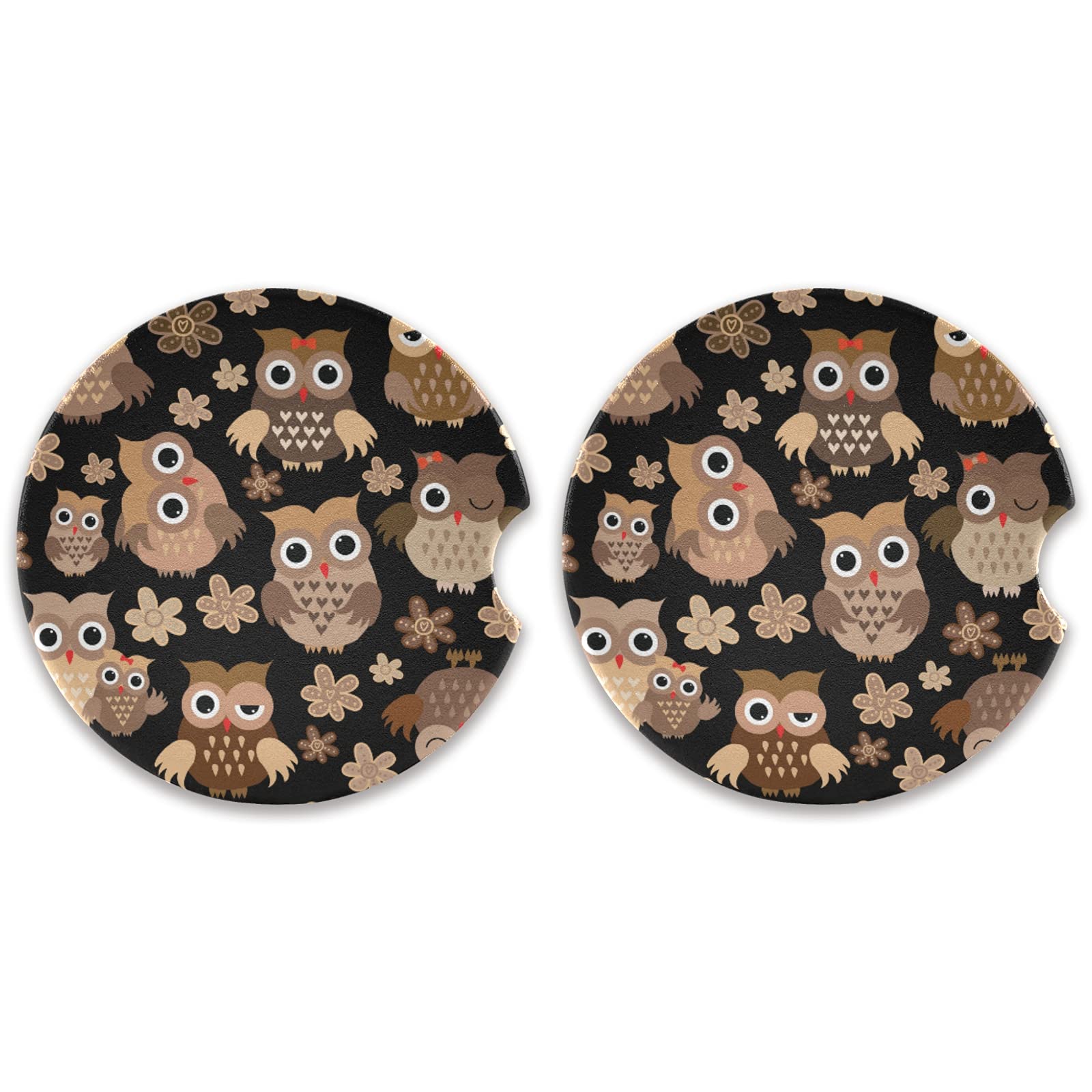 Xigua Cute Owl Car Coasters 2 Pack - Absorbent Ceramic Stone Cup Holders for Cars with Non-Slip Grip - Perfect for Coffee, Soda & Water Bottles in Vehicles