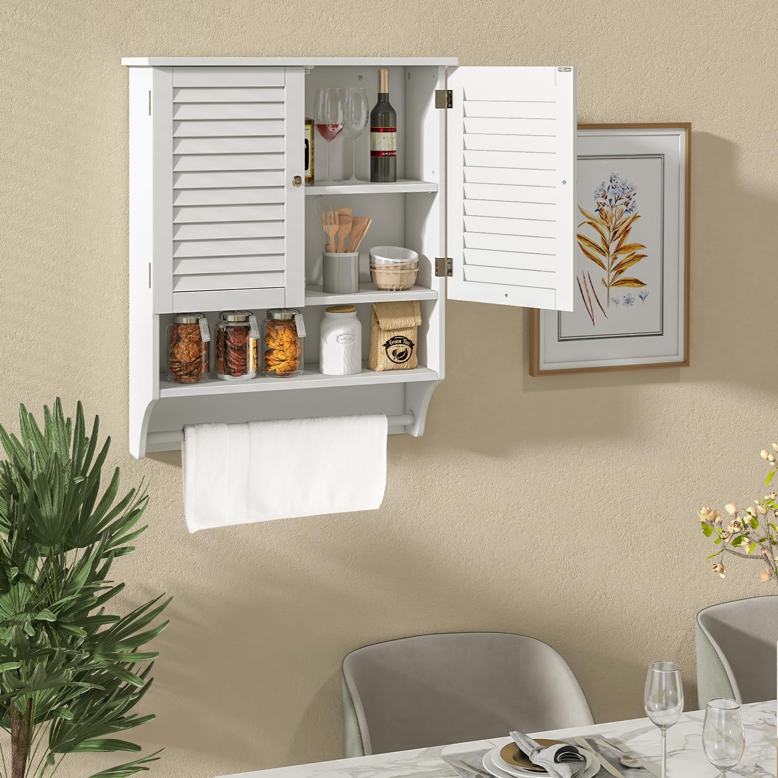 LIFEZEAL Wooden Wall Mounted Bathroom Storage Cabinet with 2 Doors & 3 Shelves - Adjustable Space-Saving Design with Towel Rack, Holds Up to 30kg (60x22x75cm, White) - Perfect for Small Bathrooms, Apartments & Vanity Organization