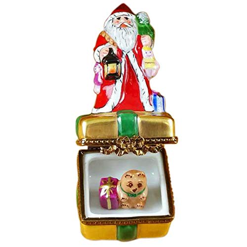 Authentic Limoges Porcelain Santa on Box with Gifts & Lantern Figurine - Handcrafted in France - Perfect for Christmas Decor, Collectibles & Holiday Gift Giving