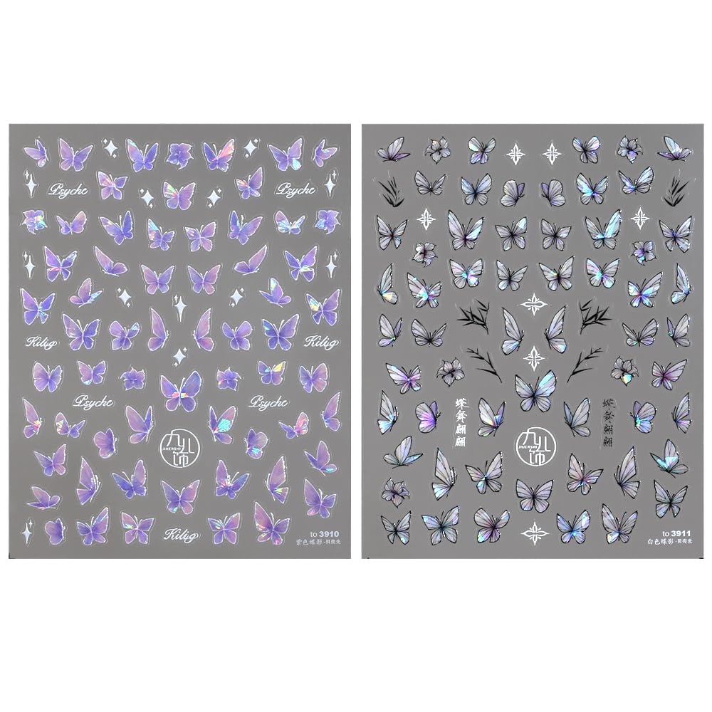 2 Sheets Butterfly Nail Stickers for Nail Art - Shell Glitter Nail Decorations, Purple Grey Butterfly Nail Decals with 3D Relief Design - Perfect for DIY Manicures, Parties, and Special Occasions