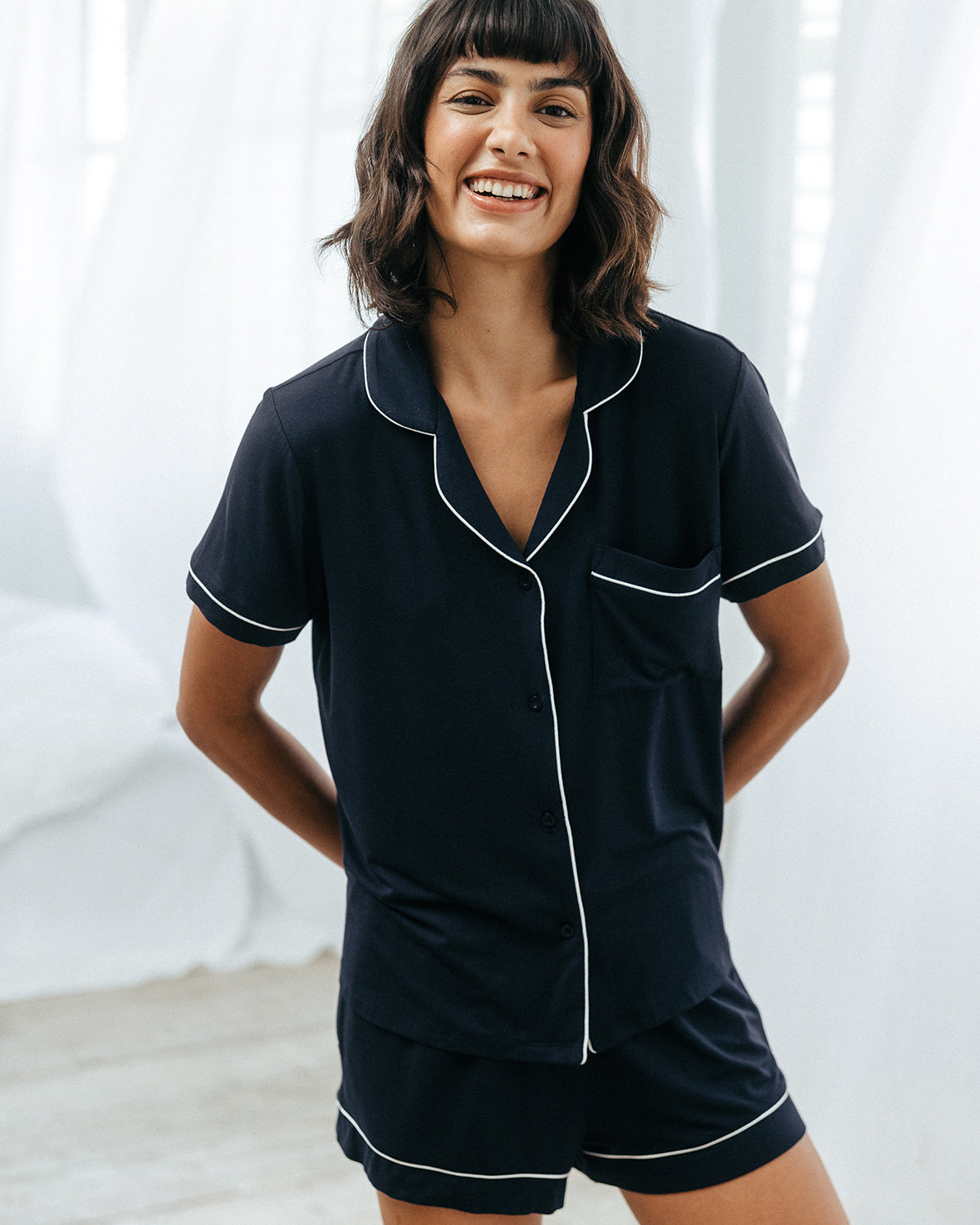 Premium TENCEL™ Modal Short Sleeve Button Up Pajama Set for Women - Soft & Breathable Sleepwear - Navy Blue - Perfect for Summer Nights & Lounge Wear