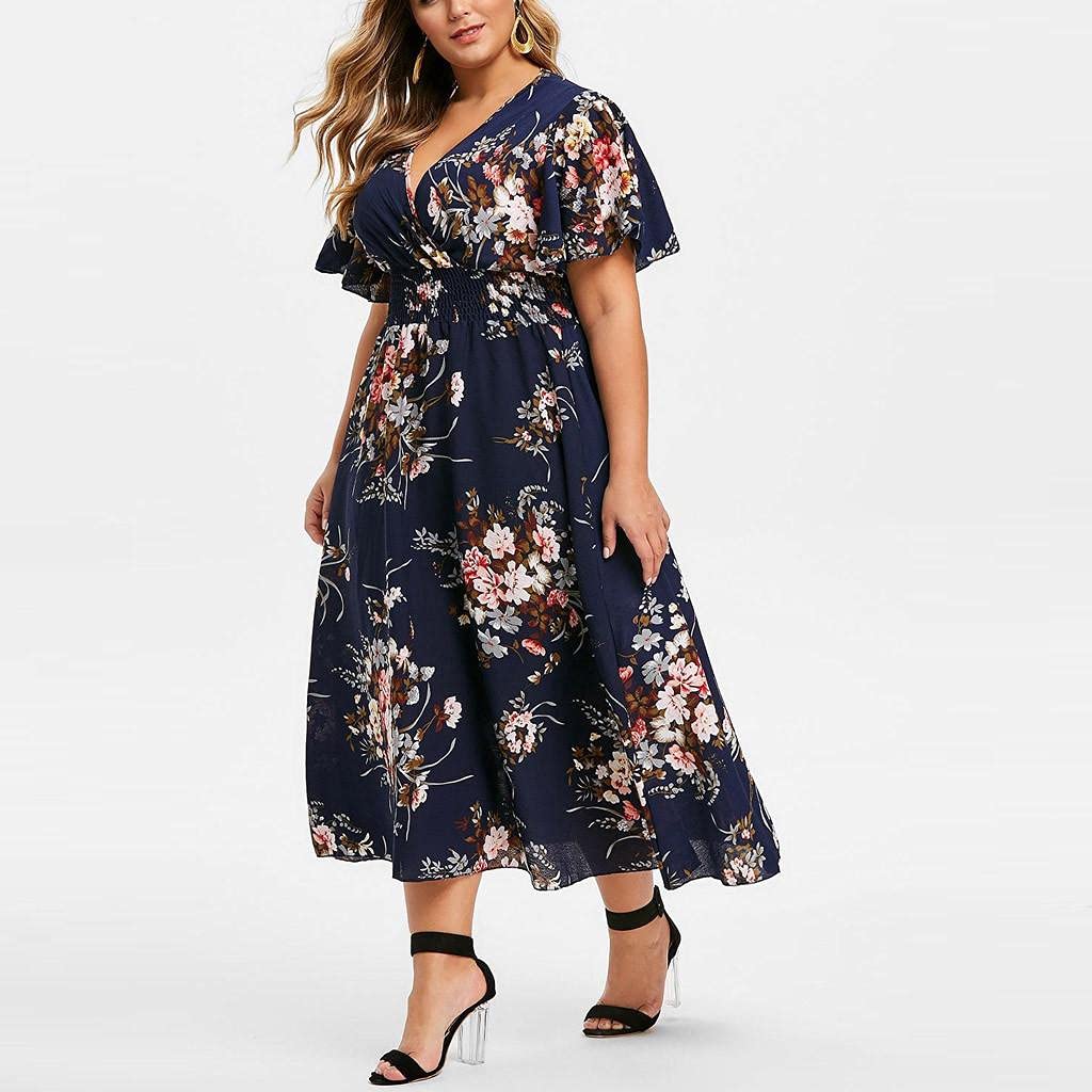Lykmera Plus Size Summer Dresses for Women 5XL - Floral Print V-Neck Short Sleeve Sundress | Loose Comfortable Beach Dress for Vacation, Pool Party & Casual Outings