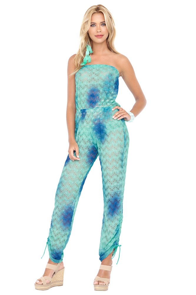 Luli Fama SIETE MARES - Crochet Strapless Jumpsuit for Women | Boho Beach Cover Up | Summer Vacation Outfit | Perfect for Pool Party, Beach Wedding & Tropical Getaway