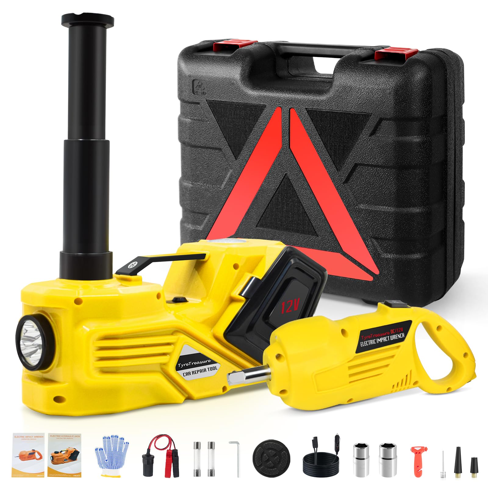 5 Ton Hydraulic Car Jack Kit with Impact Wrench & Tire Inflator - 5.31-14.17 Inch Lifting Range for Sports Cars, Sedans & EVs | Fast Tire Inflation & Emergency Roadside Tire Change for Travel Safety