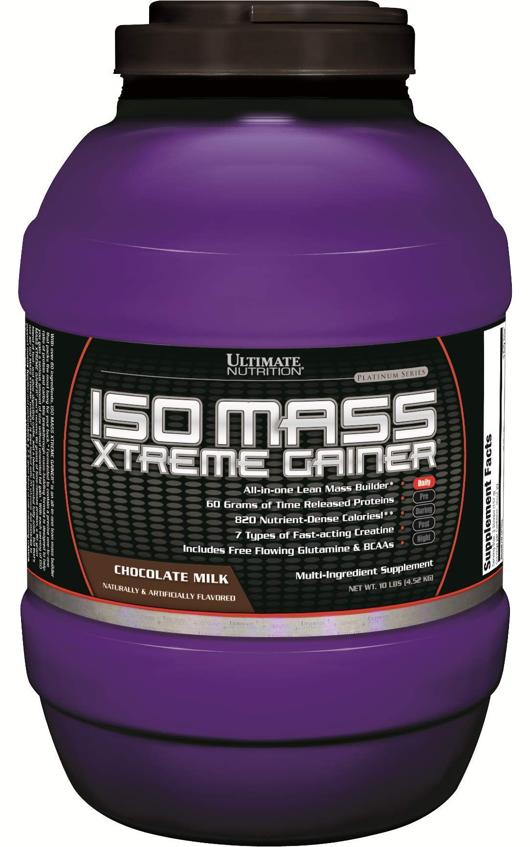 Ultimate Nutrition ISO Mass Xtreme Gainer - High Protein Weight Gainer Powder with Creatine, 60g Protein per Serving, Whey Isolate for Lean Muscle Growth, 10lbs (30 Servings) Chocolate Flavor - Perfect for Post-Workout Recovery & Bodybuilding