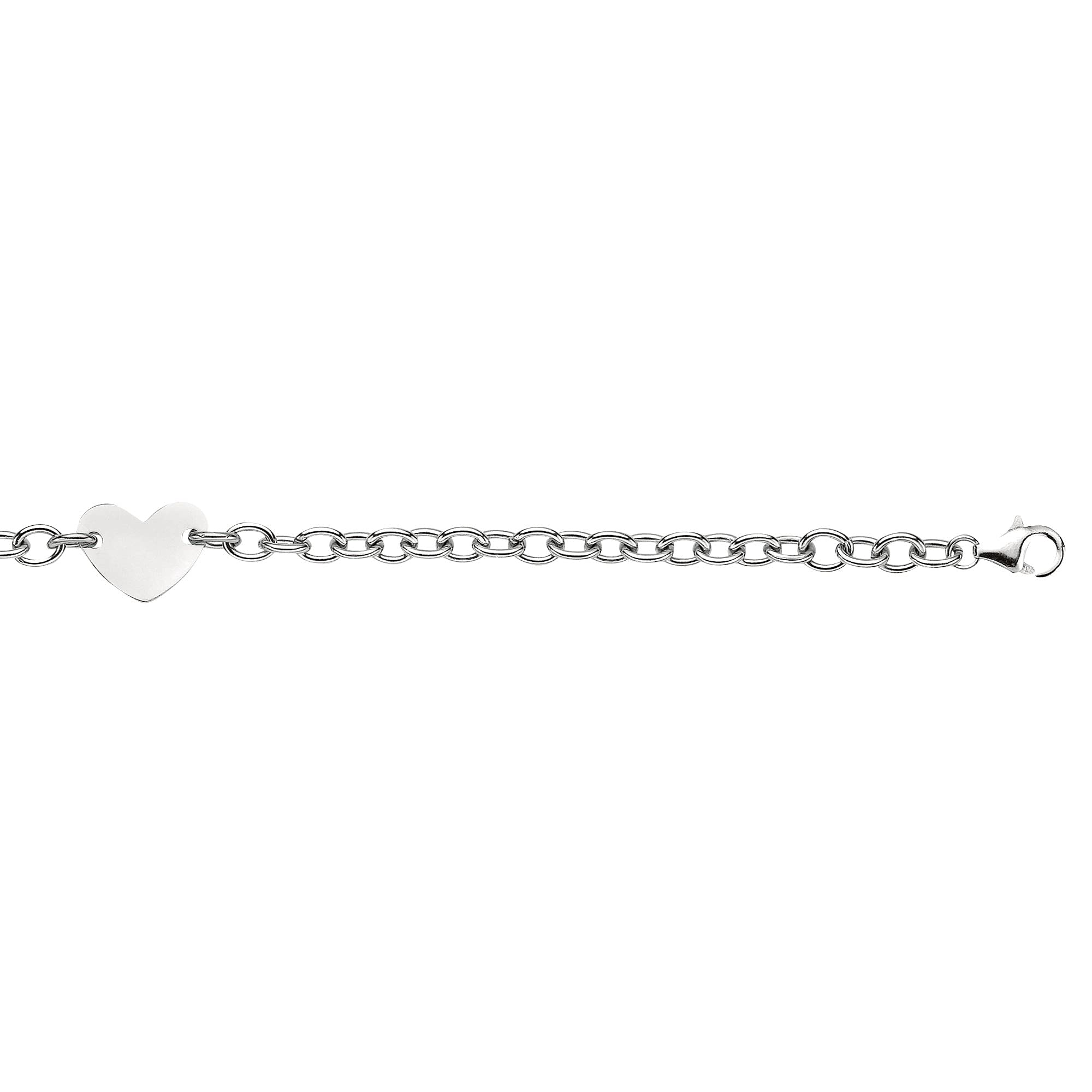 Sterling Silver Rhodium Plated Oval Cable Link Heart Charm Bracelet for Women - 7.25 Inch, 5mm Width, Lobster Clasp - Elegant Jewelry for Date Night, Wedding, Anniversary & Everyday Wear