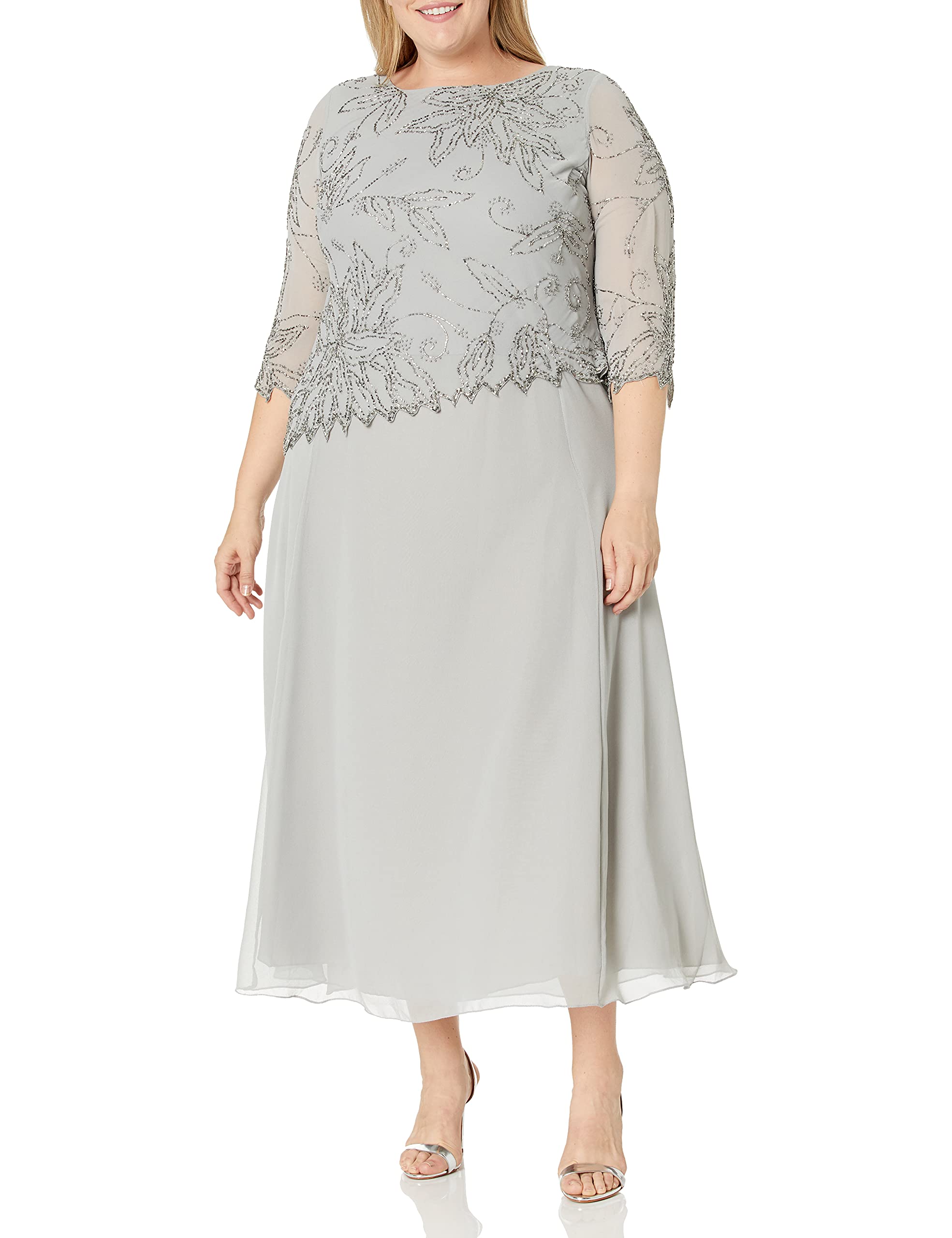 J Kara Plus Size Women's Sheer Sleeve Floral Beaded Long Maxi Dress for Evening Party, Wedding Guest & Special Occasions