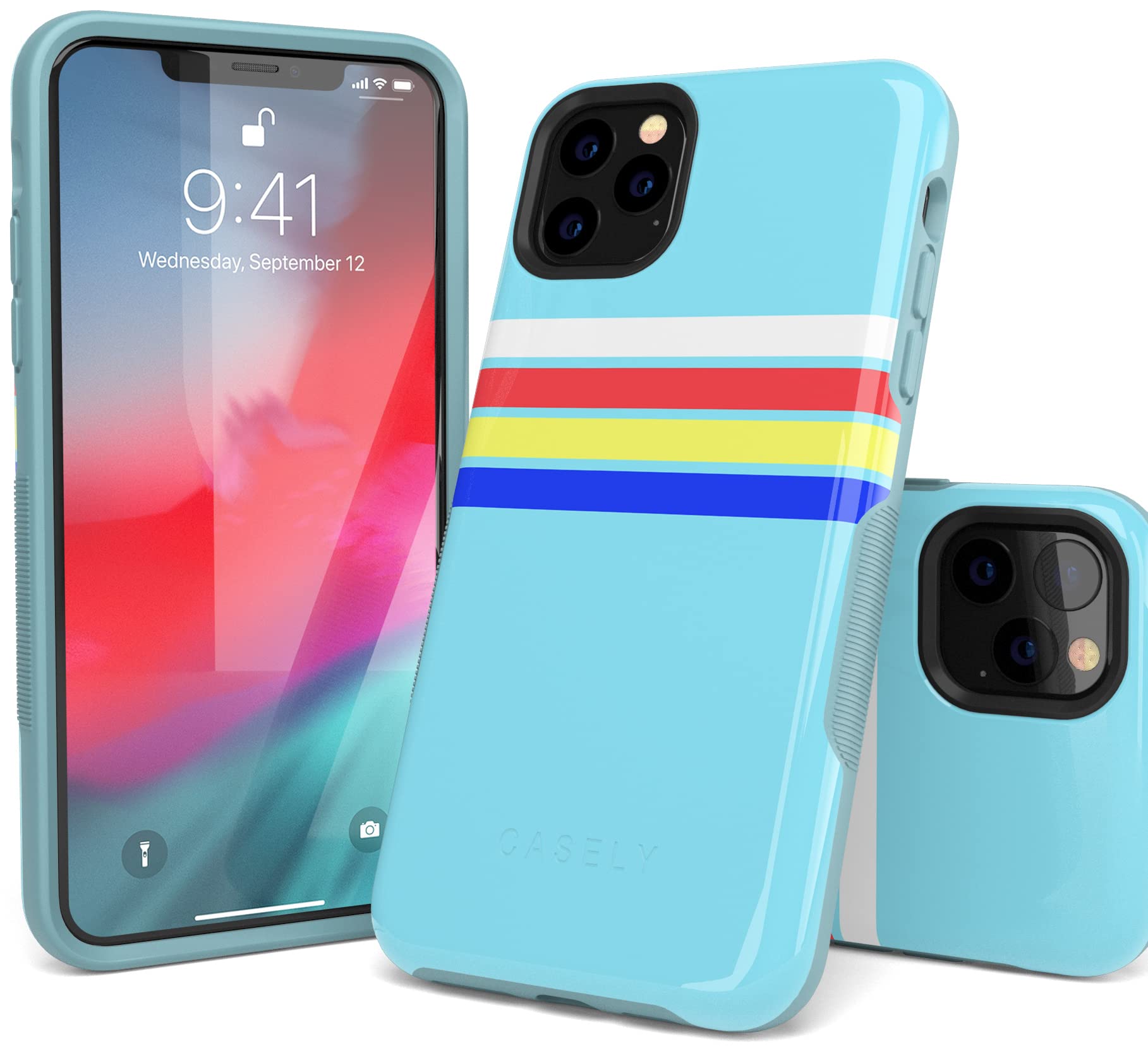Casely iPhone 11 Pro Case - Teal Rainbow Stripes Color Block Protective Phone Cover | Slim Fit Shockproof Case for Daily Use, Travel & Outdoor Activities