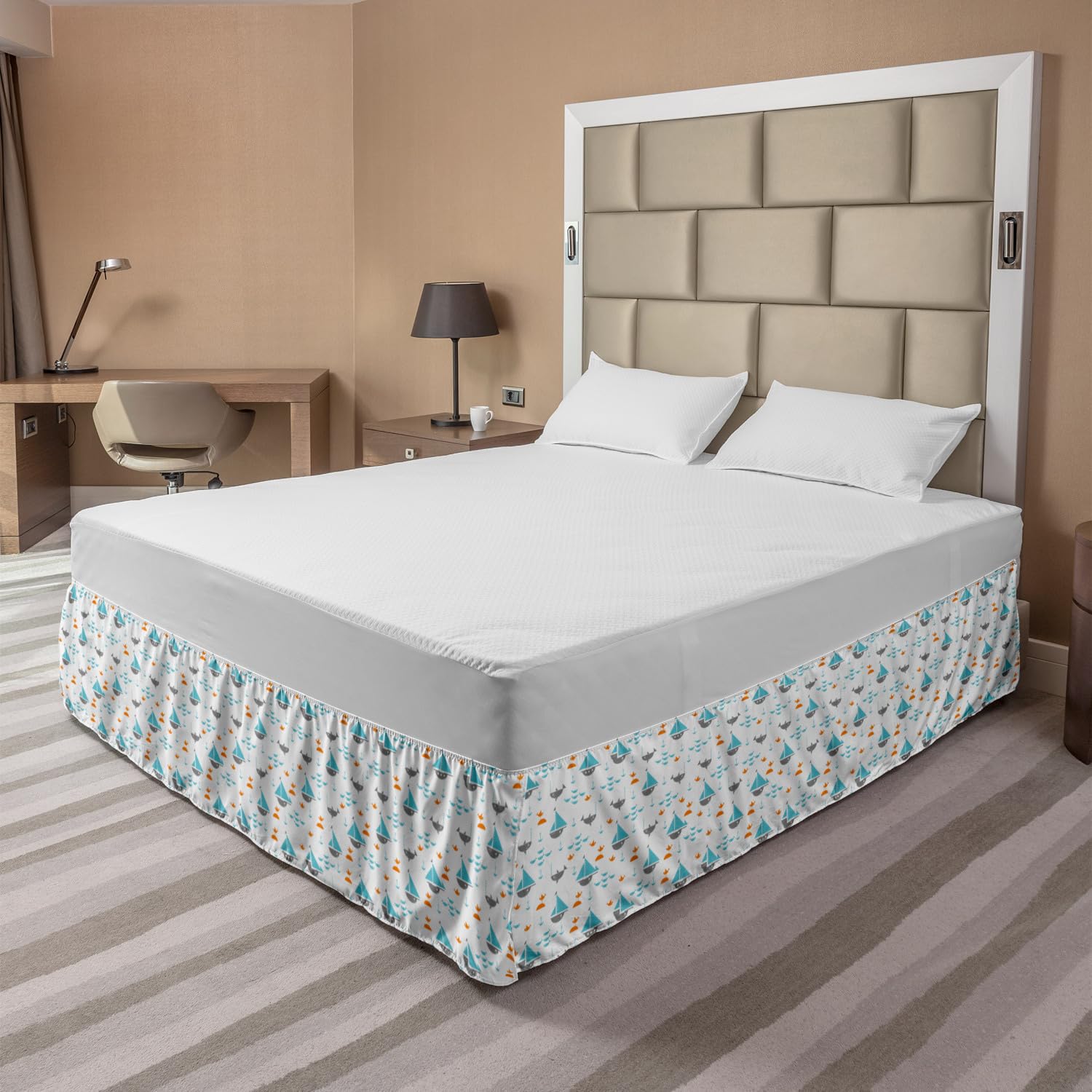 Ambesonne Orange Blue Bed Skirt with Sailboats Seagulls & Fishes Pattern - King Size Wrap Around Elastic Gathered Bedskirt for Coastal Bedroom Decor | Perfect for Nautical Theme Guest Rooms & Beach House Styling