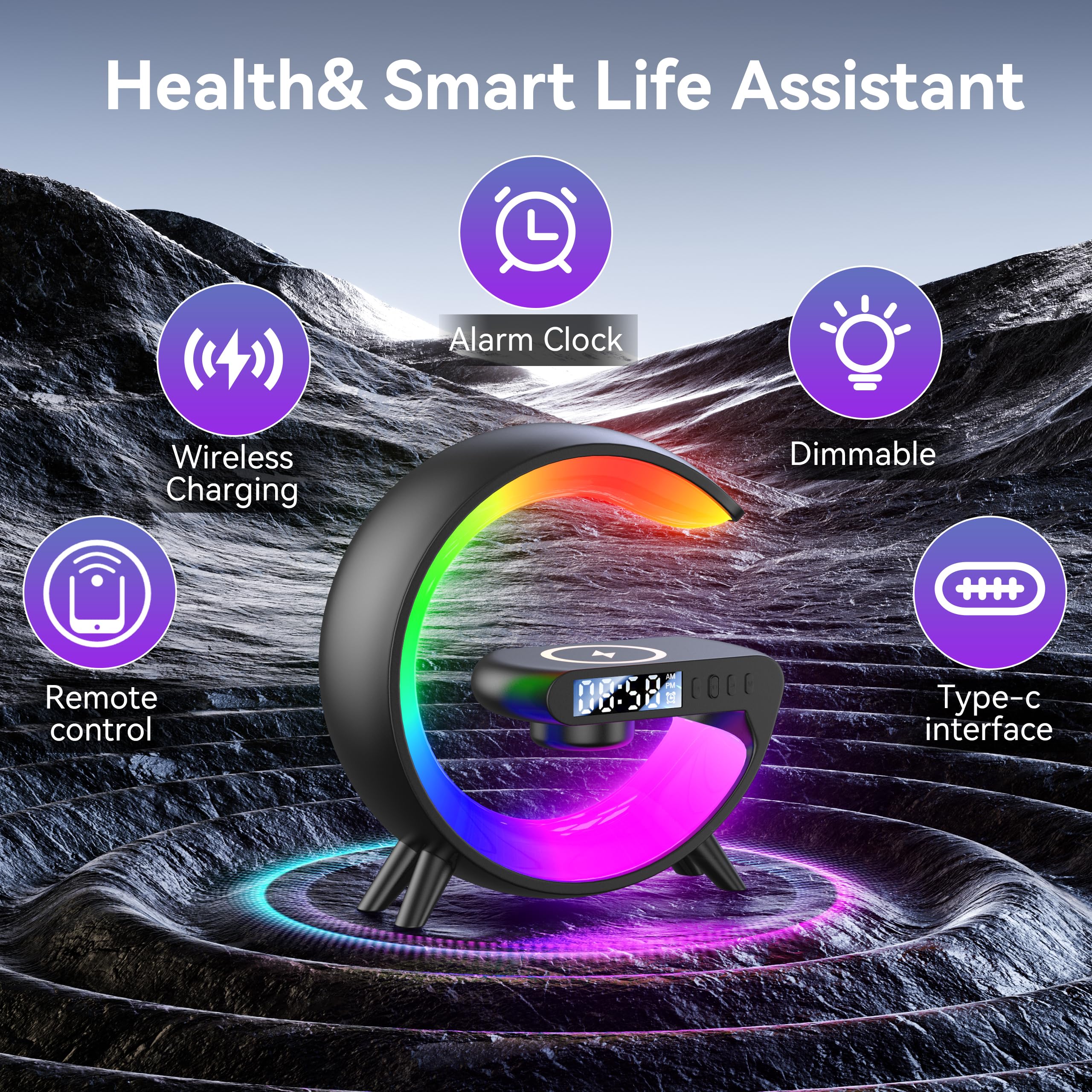 Smart LED Table Lamp with Sunrise Alarm Clock, Wireless Charger & Bluetooth Speaker - 4-in-1 Multifunctional Night Light for Bedroom, Office & Study Room (Black) | Perfect for Reading, Relaxation & Wake-up Light Therapy