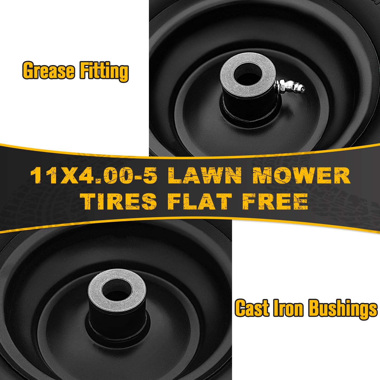 11x4.00-5 Flat Free Lawn Mower Tires - 2 Pack Solid Smooth Tractor Tires with 3/4