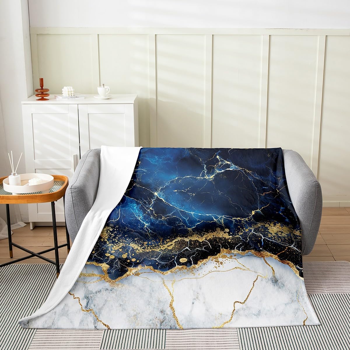 Erosebridal Marble Throw Blanket 40x50 Inches - Soft Flannel Fleece Blanket with Gold Glitter Geometric Lines & Navy Blue Marble Texture - Abstract Fluid Ink Magma Art Design for Kids Bedroom, Living Room Decor, Sofa Couch, Gift Idea