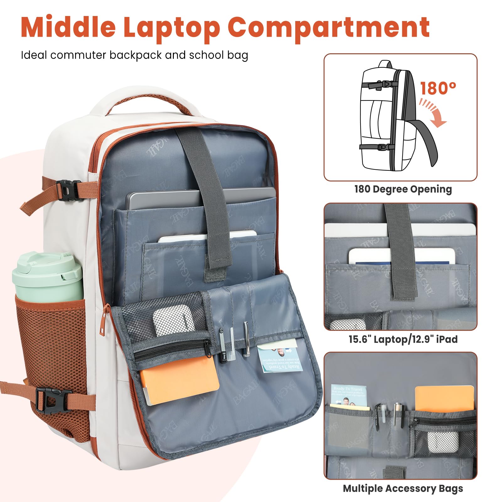 BAGAIL Travel Laptop Backpack with USB Charging Port - Waterproof Carry-On Backpack for Business, College & Airplane Travel - Perfect for Commuting, Work & Weekend Getaways (Beige)