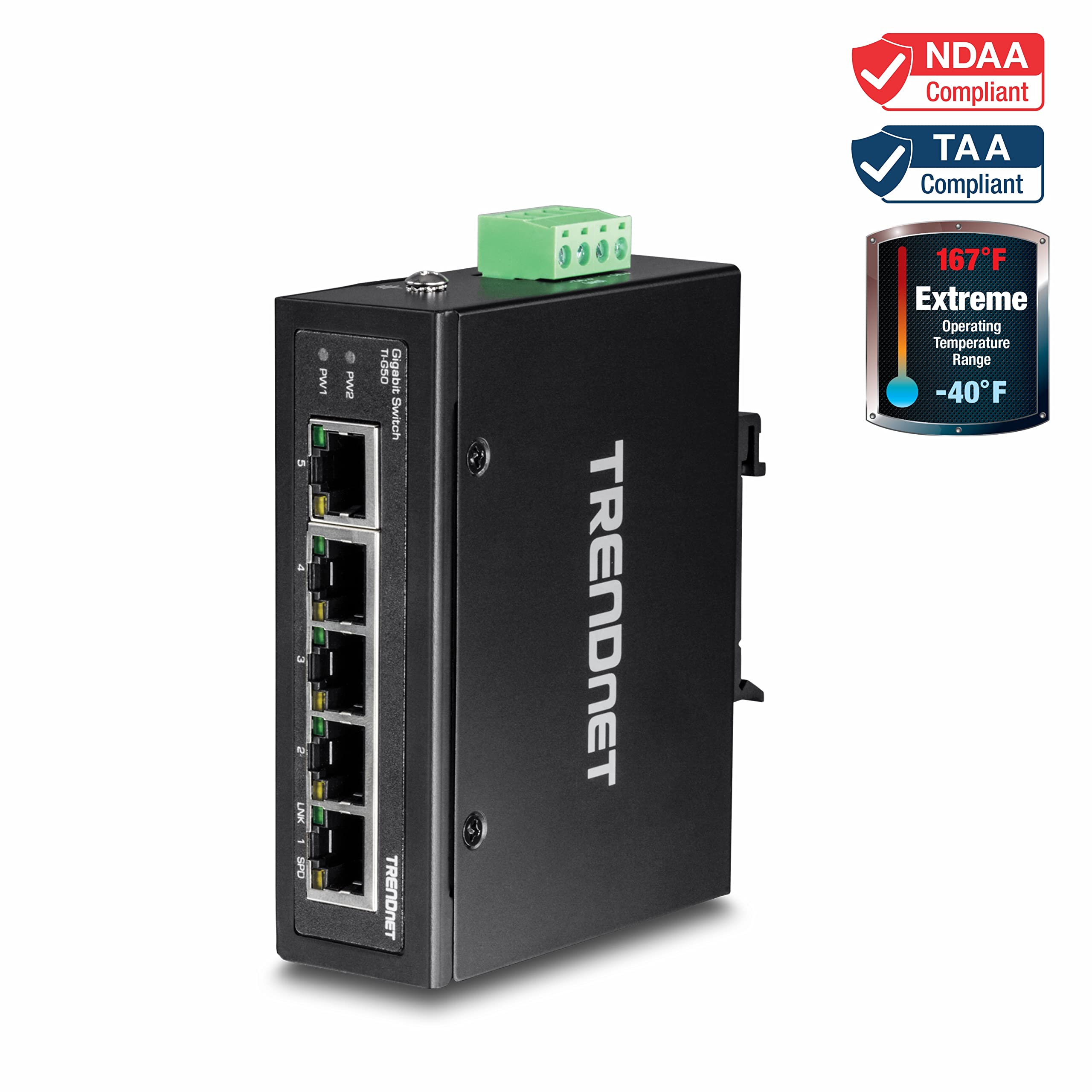TRENDnet 5-Port Industrial Gigabit DIN-Rail Switch - 10Gbps High-Speed Network Switch with IP30 Rating (-40°F to 167°F) - DIN-Rail & Wall Mount Included - Lifetime Warranty - Black - TI-G50 - Perfect for Harsh Industrial Environments, Factory Automation & Outdoor Networking