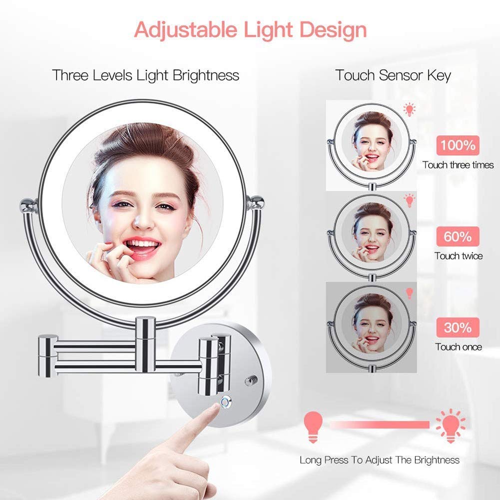 10X Magnifying Makeup Mirror with Dimmable LED Lights - Touch Screen Wall Mounted Bathroom Mirror for Shaving & Makeup Application - Perfect for Vanity, Dressing Room & Spa (UK Plug)