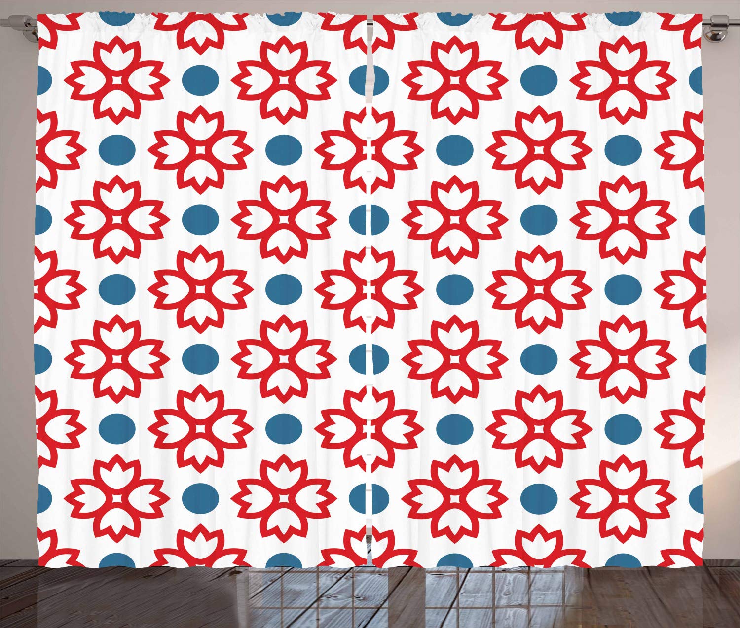 Ambesonne Floral Curtains - Abstract European Traditional Polka Dot Design, Symmetrical Natural Inspired Window Drapes for Living Room & Bedroom, 2 Panel Set (108