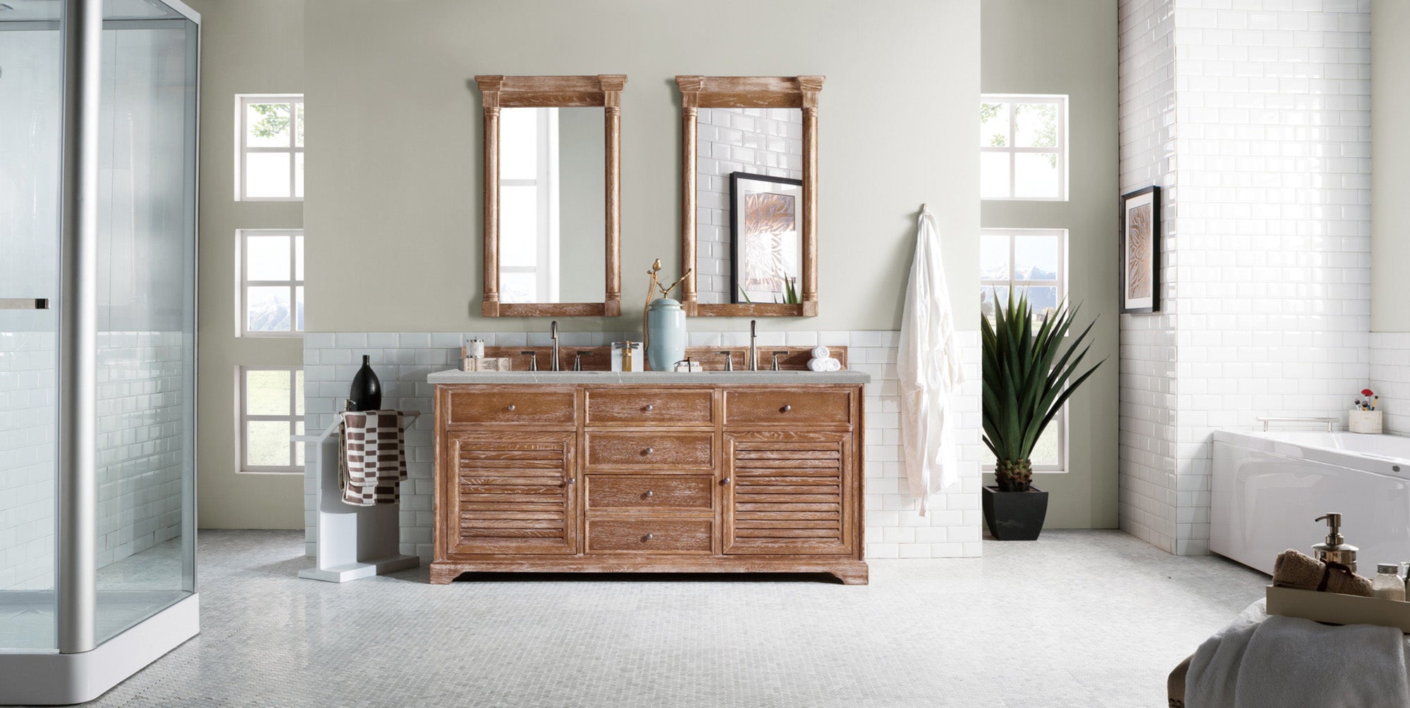Savannah 72 Inch Double Vanity Cabinet in Driftwood Finish with 3CM Eternal Serena Quartz Countertop - Perfect for Master Bathroom Renovation & Modern Home Decor