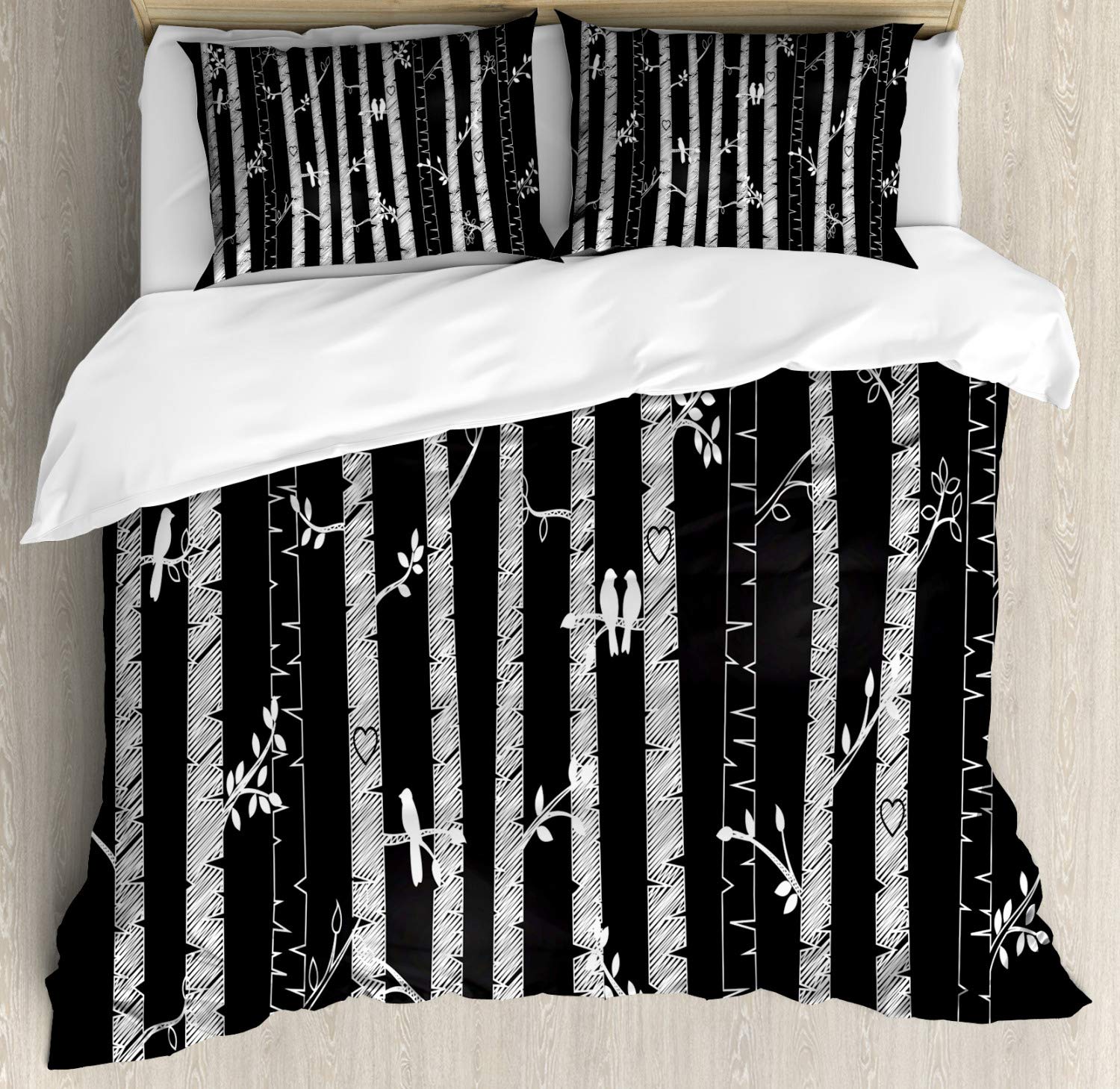 Ambesonne Black and White Duvet Cover Set | Sketch Style Jungle with Tree Trunks & Birds Autumn Nature Design | 3-Piece Bedding Set with 2 Pillow Shams | California King Size | Perfect for Modern Bedrooms, Guest Rooms & Nature-Themed Decor