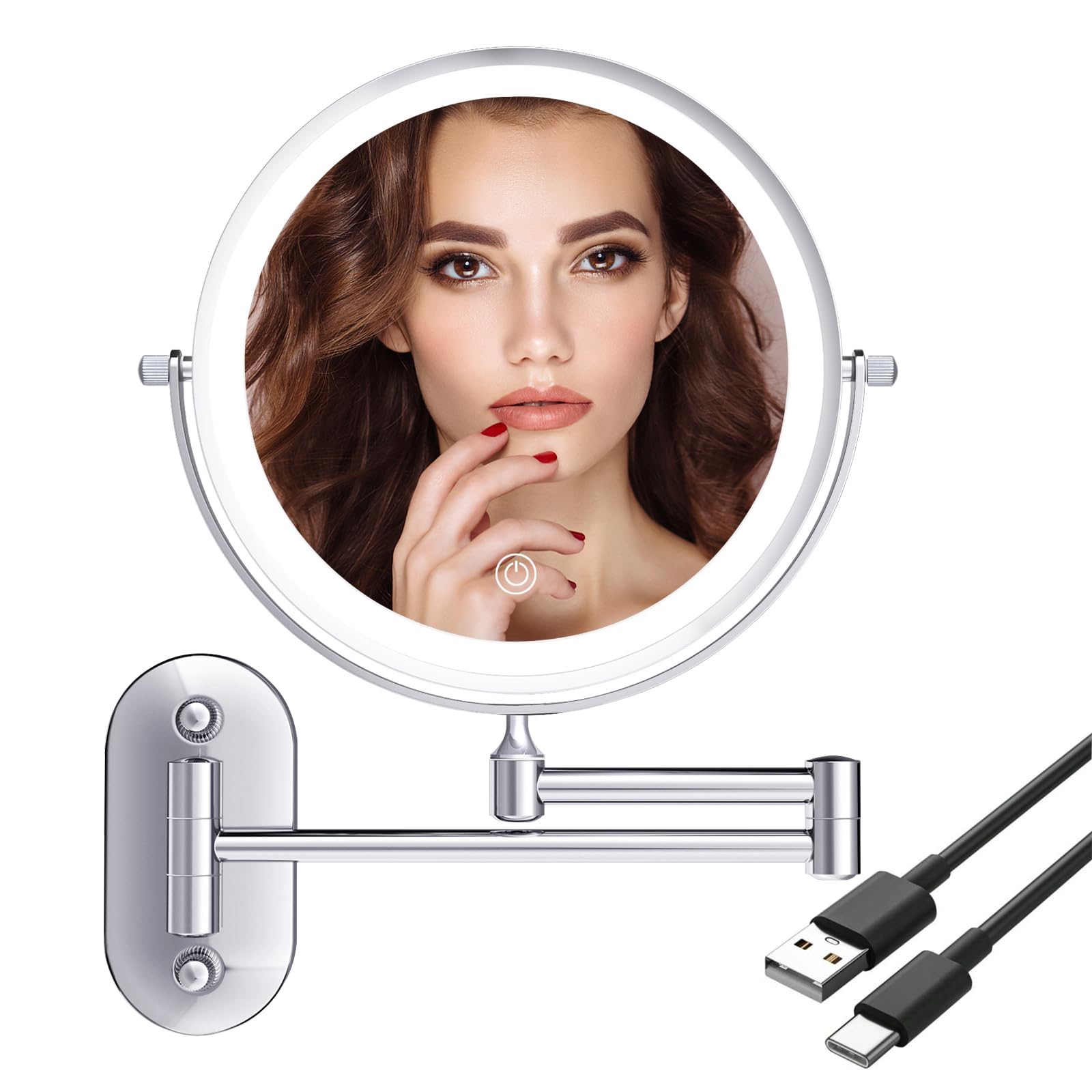 EREAL Rechargeable LED Makeup Mirror with 10X Magnification - Wall Mounted Bathroom Vanity Mirror with 3 Color Lighting Modes, 8 Inch Double-Sided Mirror for Makeup Application, Skincare & Shaving