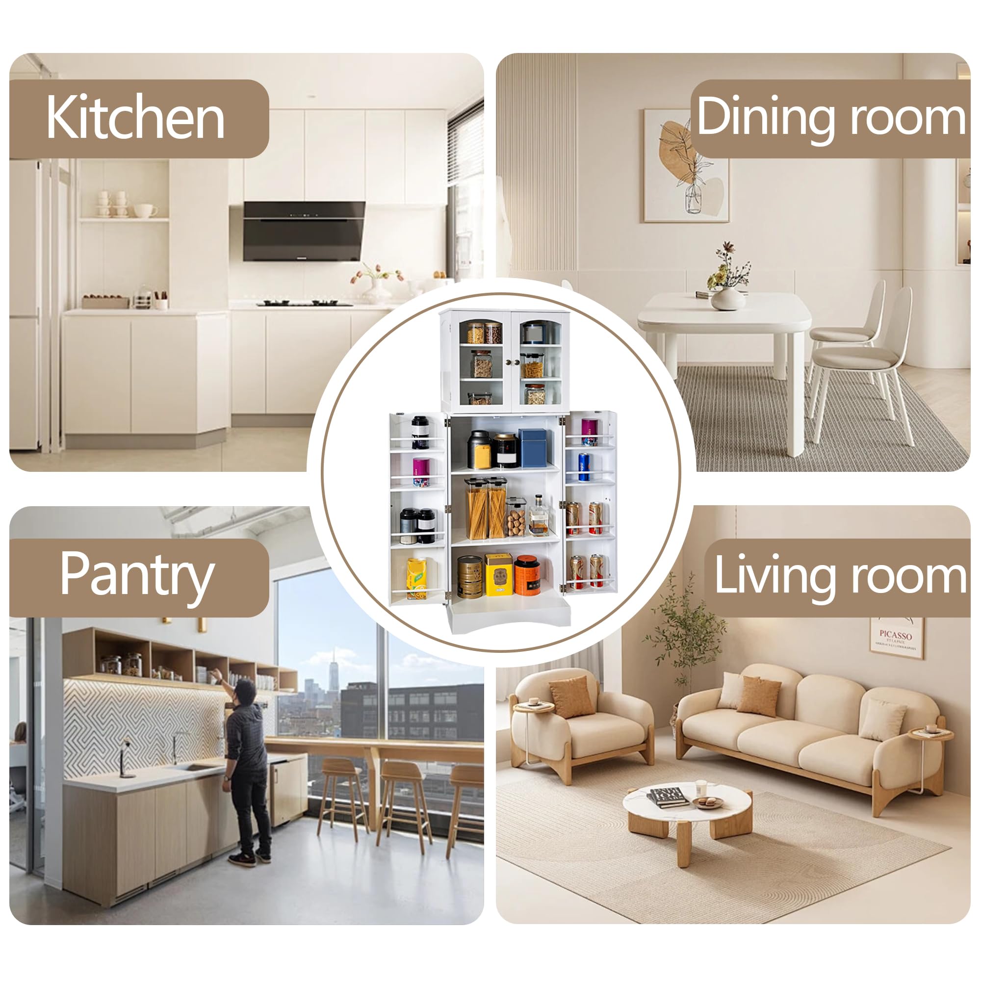 White Kitchen Pantry Cabinet with Glass Doors & Adjustable Shelves - Freestanding Tall Food Storage Cabinet for Kitchen, Living Room, Dining Room - Perfect for Organizing Dry Goods, Dishes & Home Decor