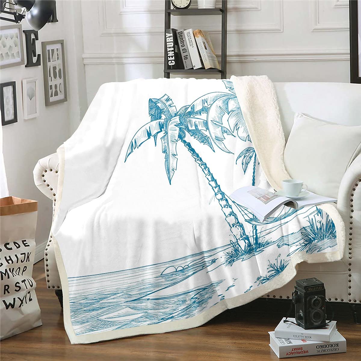 Ocean Beach Sherpa Fleece Blanket 50x60 Inches - Tropical Coconut Tree Design, Soft Hawaiian Themed Throw for Kids, Boys & Girls - Perfect for Sofa, Bedroom Decor, Summer Vacations & Beach Swings