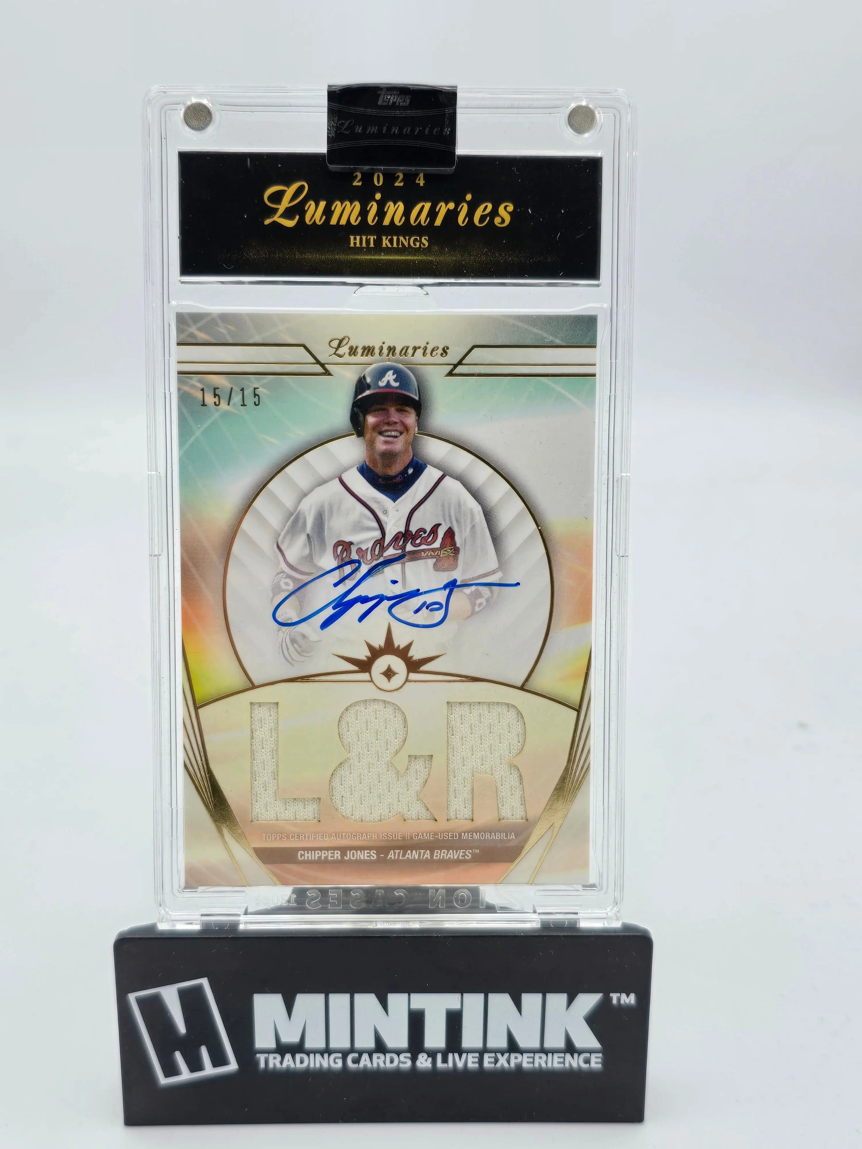 2024 Topps Luminaries Chipper Jones Hit Kings Triple Patch Auto 15/15 - Rare Baseball Card for Collectors & Sports Memorabilia Enthusiasts - Perfect for Display, Investment & Gifting