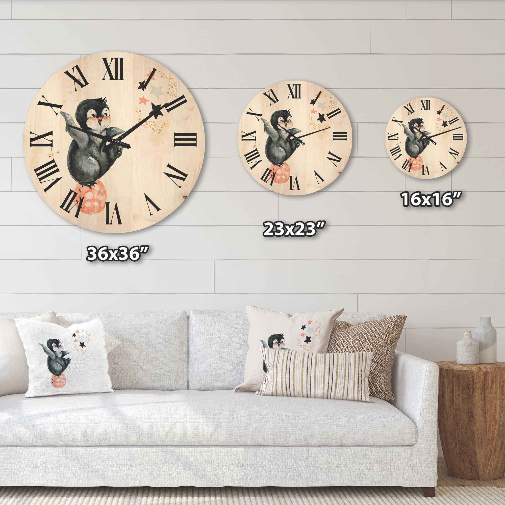 Farmhouse Wood Wall Clock - Large Decorative 'Little Penguin with Planets and Stars II' Oversized Wooden Clock for Living Room, Kitchen, Bedroom Décor | Unique Animal-Themed Wall Art for Home & Office