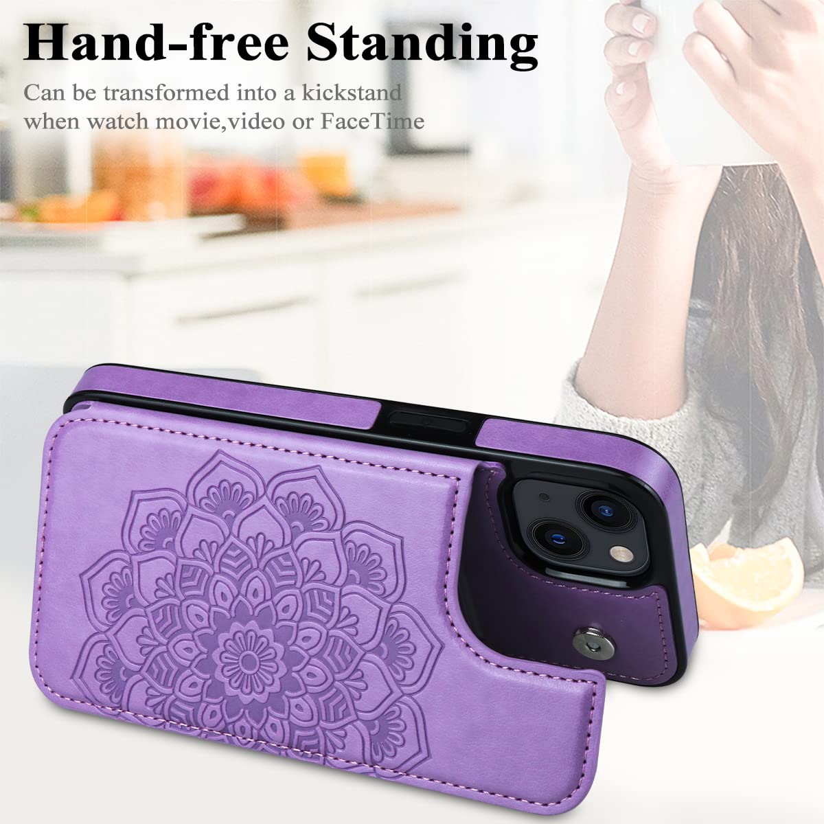 MMHUO Magnetic Flip Wallet Case for iPhone 14 with Card Holder - Flower Design Protective Phone Cover for Women (Purple) | Perfect for Everyday Use, Travel & Hands-Free Convenience
