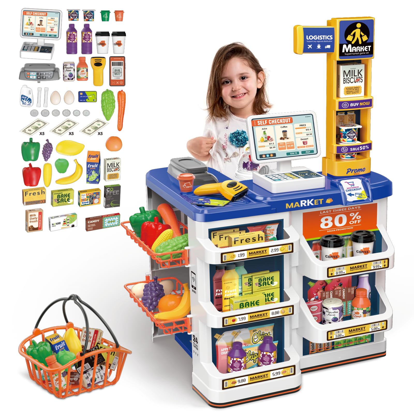 **deAO Pretend Play Grocery Store Toy Set for Kids - Supermarket Role Play with Shopping Basket & Cash Register - Christmas & Birthday Gift for Boys & Girls (Blue) - Perfect for Learning & Imaginative Play**