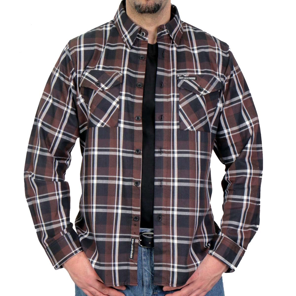 FLM2008 Men's Long Sleeve Flannel Shirt - Brown, Black & White Plaid - Soft Cotton Blend - Casual & Outdoor Wear - Perfect for Fall, Winter & Camping