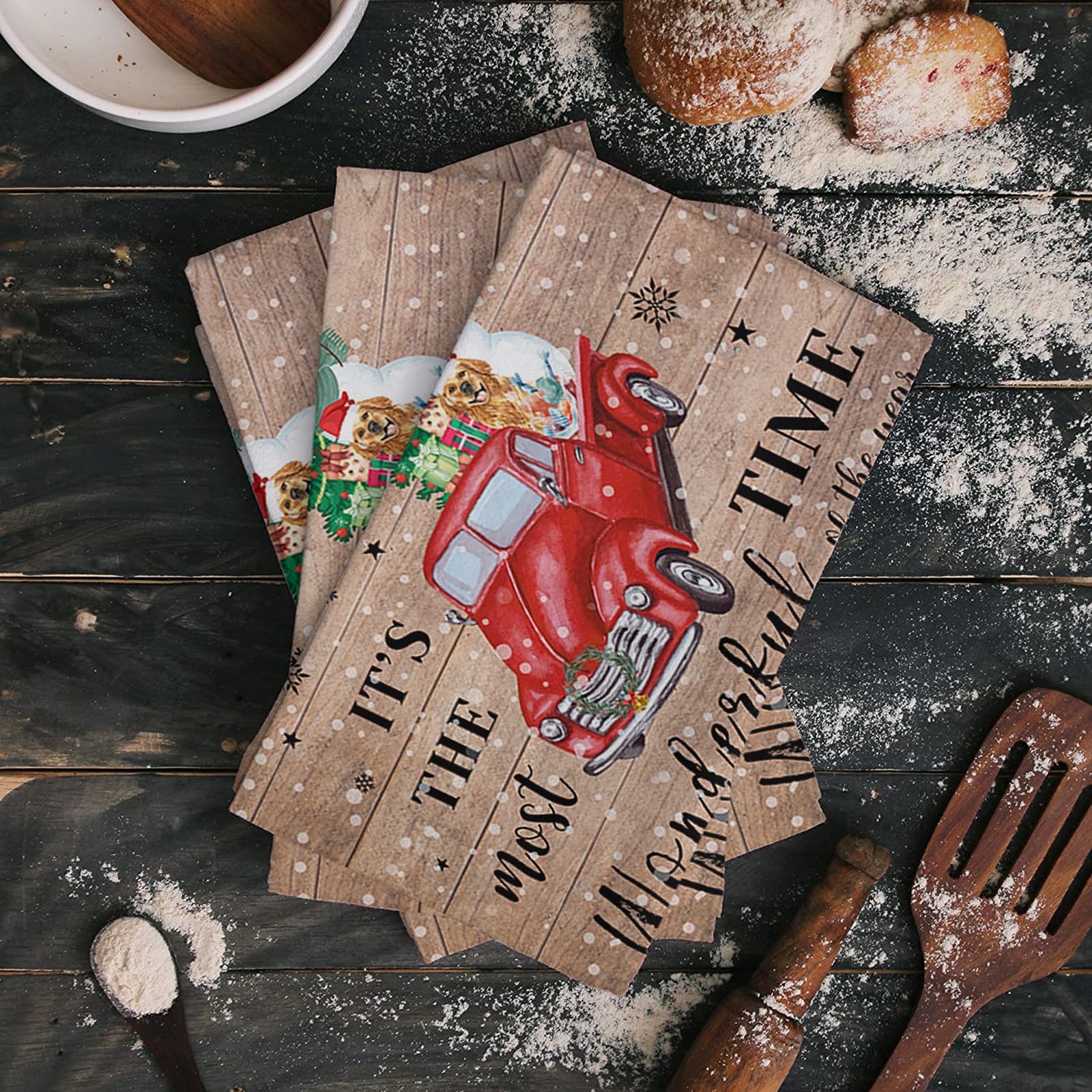 **3 Pack Super Absorbent Soft Microfiber Kitchen Dish Towels - Christmas Truck Pull Xmas Tree Golden Retriever Design on Rustic Wooden Grain - Cleaning Dishcloths, Hand Towels & Tea Towels for Kitchen, Bathroom & Bar - Perfect for Holiday Decor, Dish Drying & Hand Wiping**