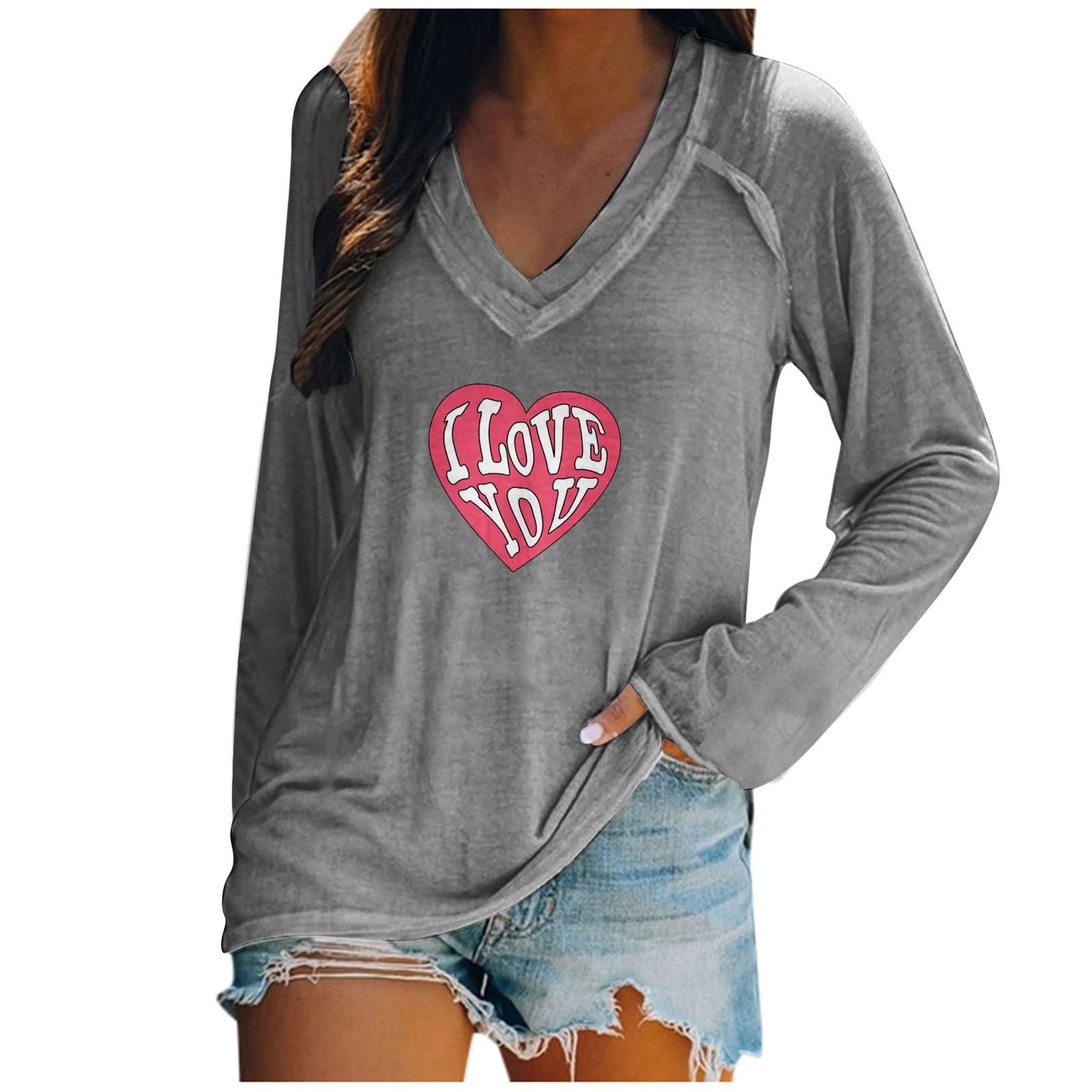 Funny Cute V-Neck Printed Long Sleeve T-Shirt for Women & Teen Girls - Loose Fit Casual Blouse Top for Everyday Wear, School, or Weekend Outings