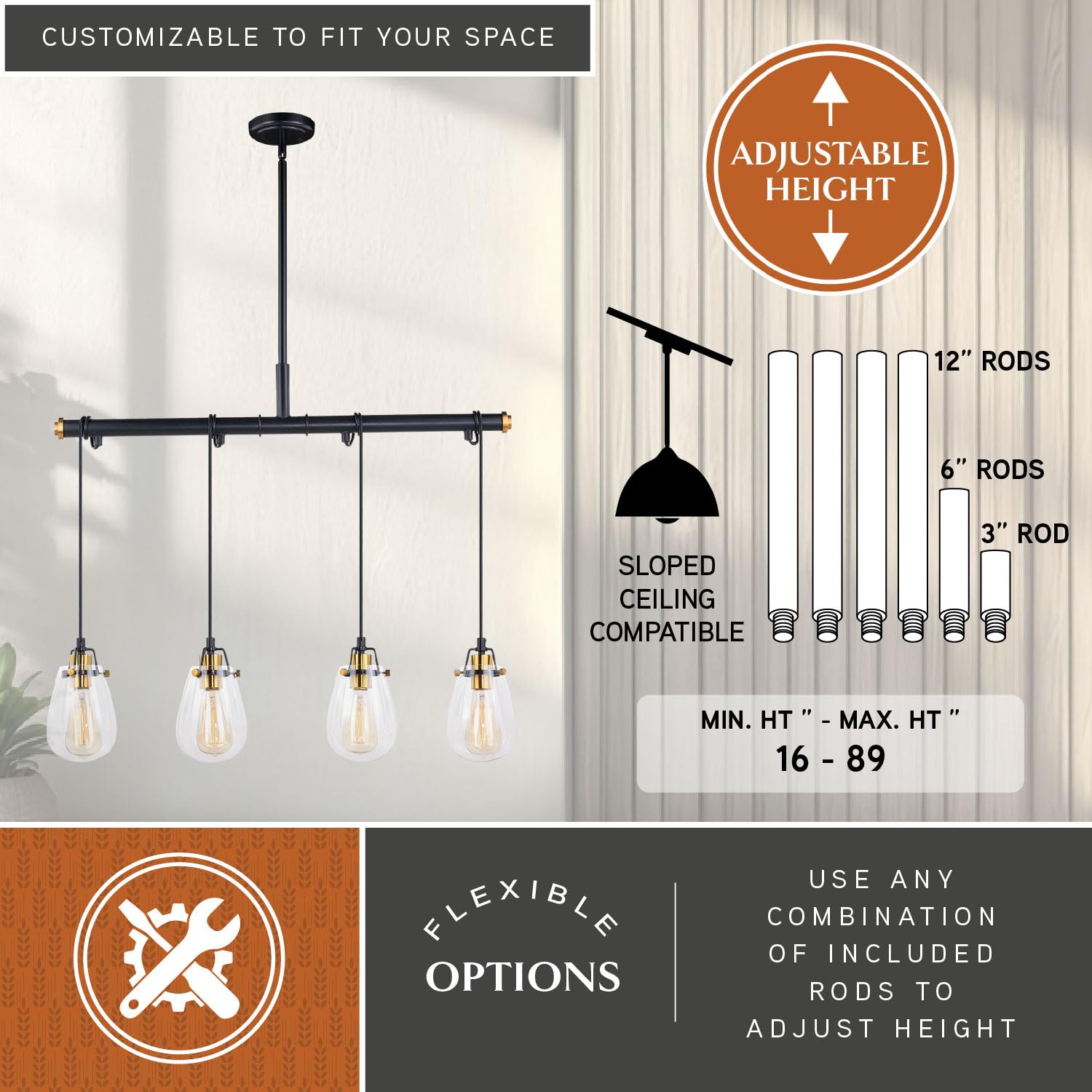VAXCEL Kassidy 4-Light Black Industrial Linear Teardrop Chandelier Island Pendant Light Fixture with Clear Glass Shades - Perfect for Kitchen Islands, Dining Rooms, and Modern Farmhouse Decor