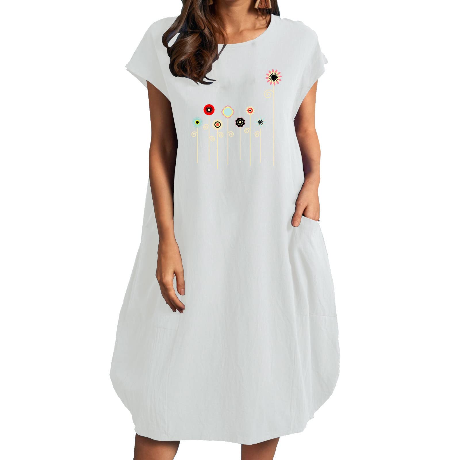Fragarn Women's Loose Short Sleeve Shift T-Shirt Dress with Pockets - Cute Print Casual Party Knee-Length Dress for Summer 2024 | Perfect for Beach Outings, Brunch Dates & Weekend Getaways