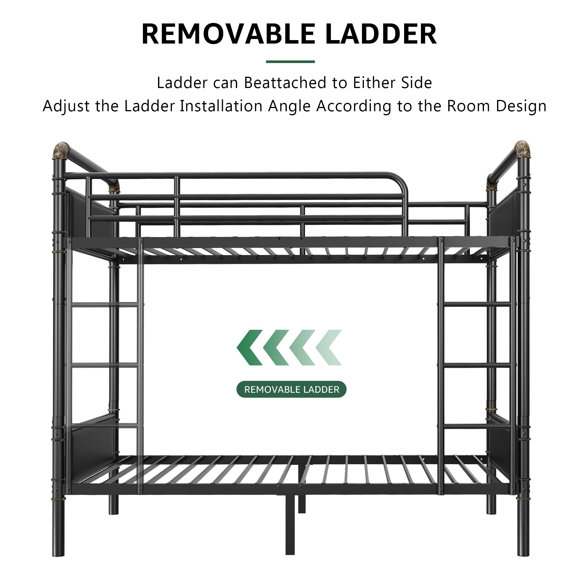 Industrial Metal Bunk Bed Twin Over Twin - Heavy Duty Steel Bunkbeds with Safety Guard Rails | Space-Saving Design for Small Bedrooms, Dorms & Kids Rooms | Black Leather Finish