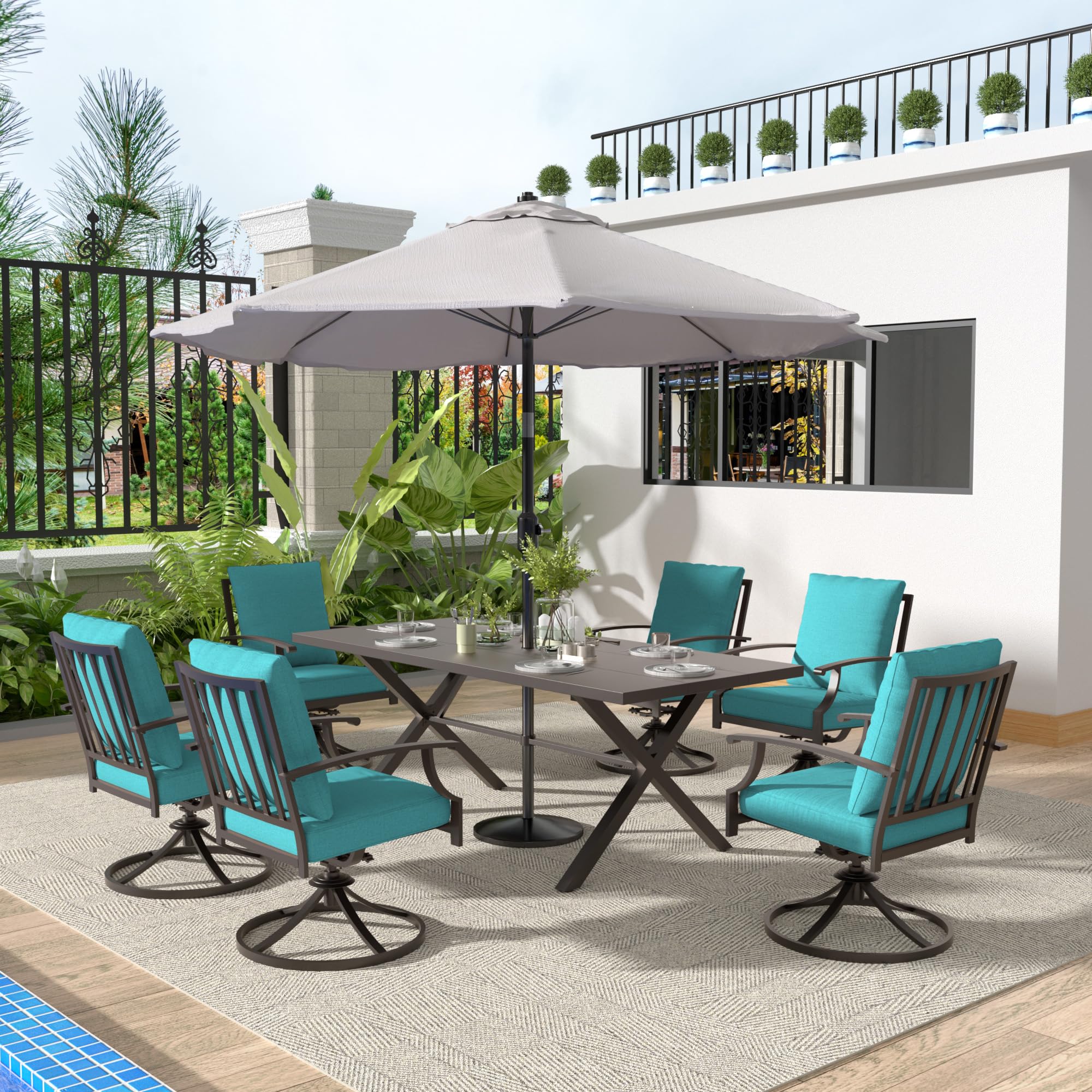 Gotland 7-Piece Outdoor Dining Set for 6 - Modern Rectangular Patio Table with Umbrella Hole & Metal Chairs - Blue Garden Furniture for Backyard, Lawn, Poolside & BBQ Gatherings